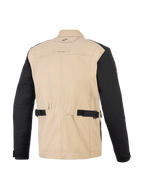 Alpinestars Dice Jacket, chaqueta de moto urbana, Aluminum Black, vista trasera que muestra el cuerpo de policotón canela y mangas negras, con correas de ajuste en la cintura, paneles plisados en los hombros y diseño inspirado en ropa de trabajo