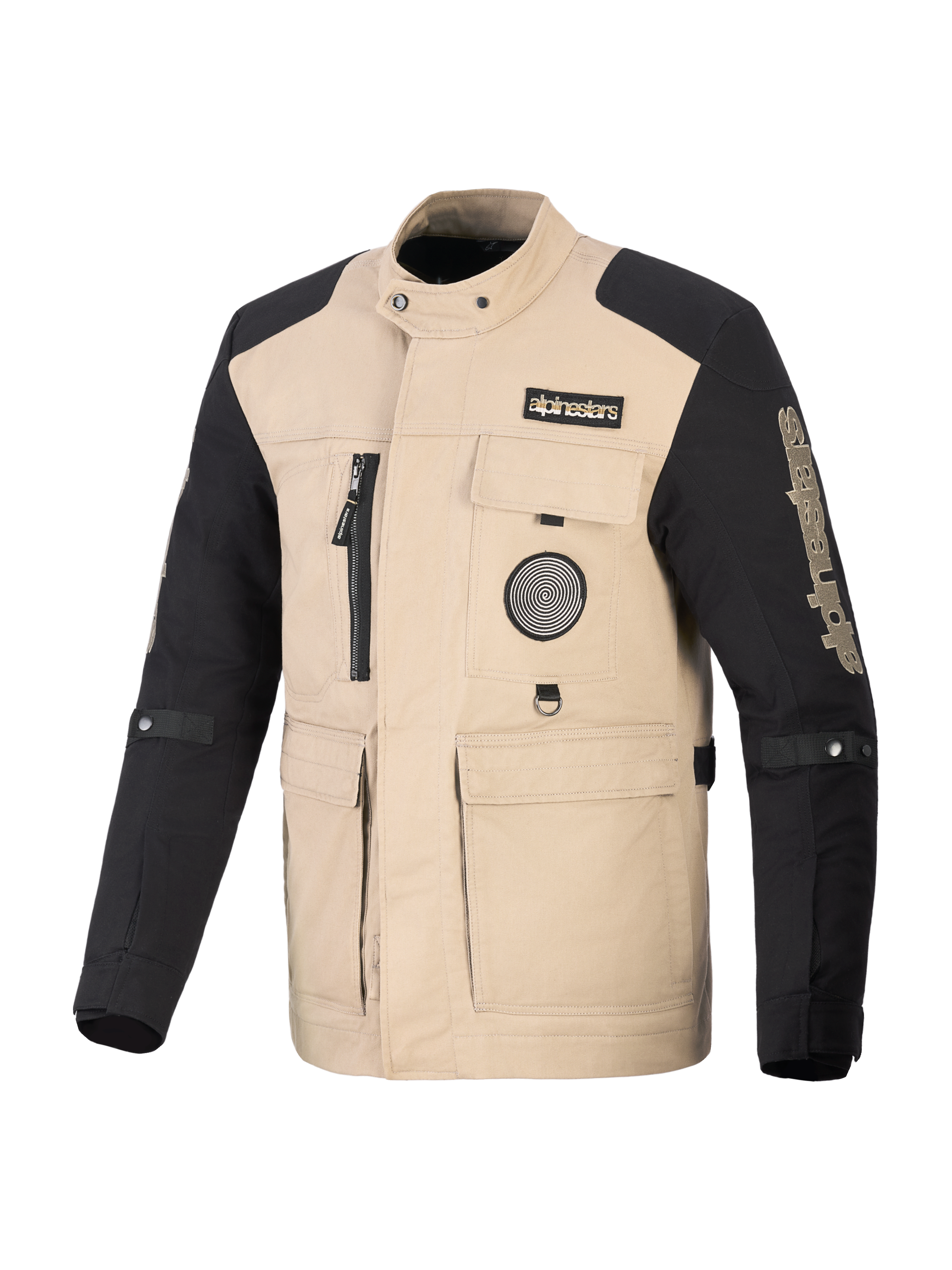 Chaqueta Alpinestars Dice, chaqueta de moto urbana, color canela y negro, diseño inspirado en ropa de trabajo con cuatro bolsillos frontales utilitarios y parches con logo, construcción textil resistente para rendimiento en calle