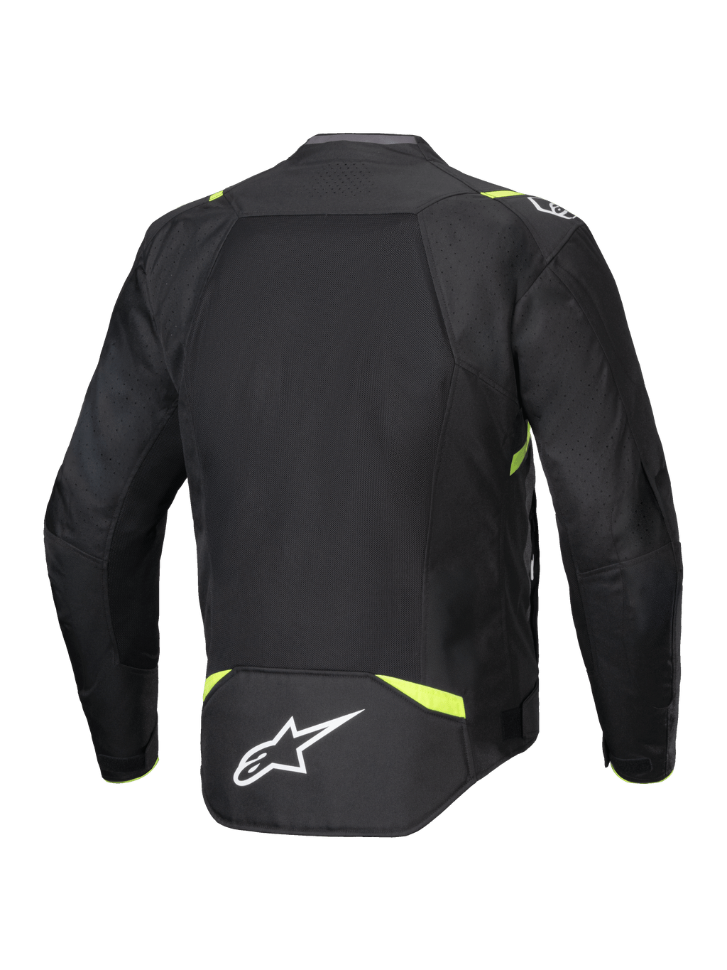 Chaqueta Alpinestars T-SPS Air V2, chaqueta textil de moto, negro y amarillo flúor, vista trasera con grandes paneles de malla para el flujo de aire, detalles en amarillo fluorescente en hombros y cintura, logo Alpinestars blanco en la parte inferior de la espalda