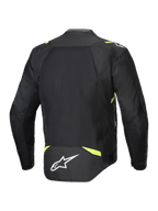 Chaqueta Alpinestars T-SPS Air V2, chaqueta textil de moto, negro y amarillo flúor, vista trasera con grandes paneles de malla para el flujo de aire, detalles en amarillo fluorescente en hombros y cintura, logo Alpinestars blanco en la parte inferior de la espalda