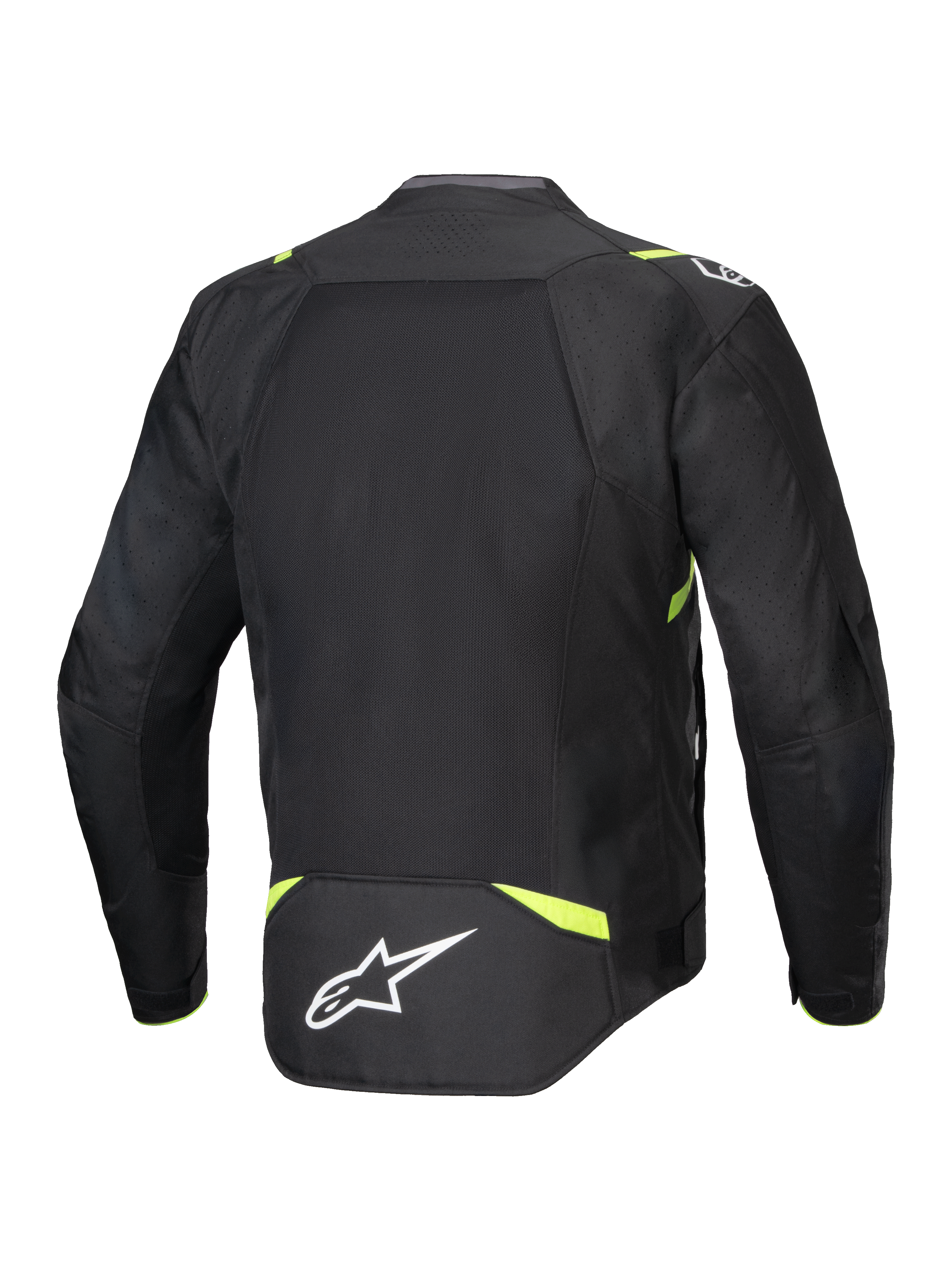 Chaqueta Alpinestars T-SPS Air V2, chaqueta textil de moto, negro y amarillo flúor, vista trasera con grandes paneles de malla para el flujo de aire, detalles en amarillo fluorescente en hombros y cintura, logo Alpinestars blanco en la parte inferior de la espalda