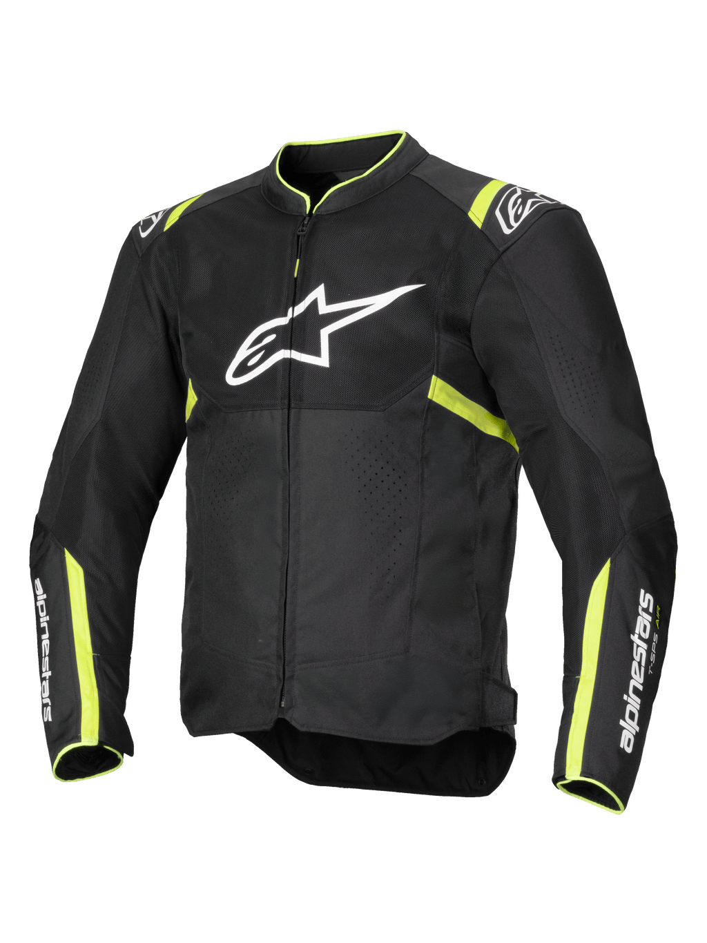 Chaqueta Alpinestars T-Sps Air V2, chaqueta de moto, negro y amarillo flúor, con un gran logotipo blanco en el pecho, paneles de malla para ventilación, detalles en amarillo fluorescente en hombros y mangas, diseño textil deportivo