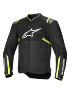 Chaqueta Alpinestars T-Sps Air V2, chaqueta de moto, negro y amarillo flúor, con un gran logotipo blanco en el pecho, paneles de malla para ventilación, detalles en amarillo fluorescente en hombros y mangas, diseño textil deportivo