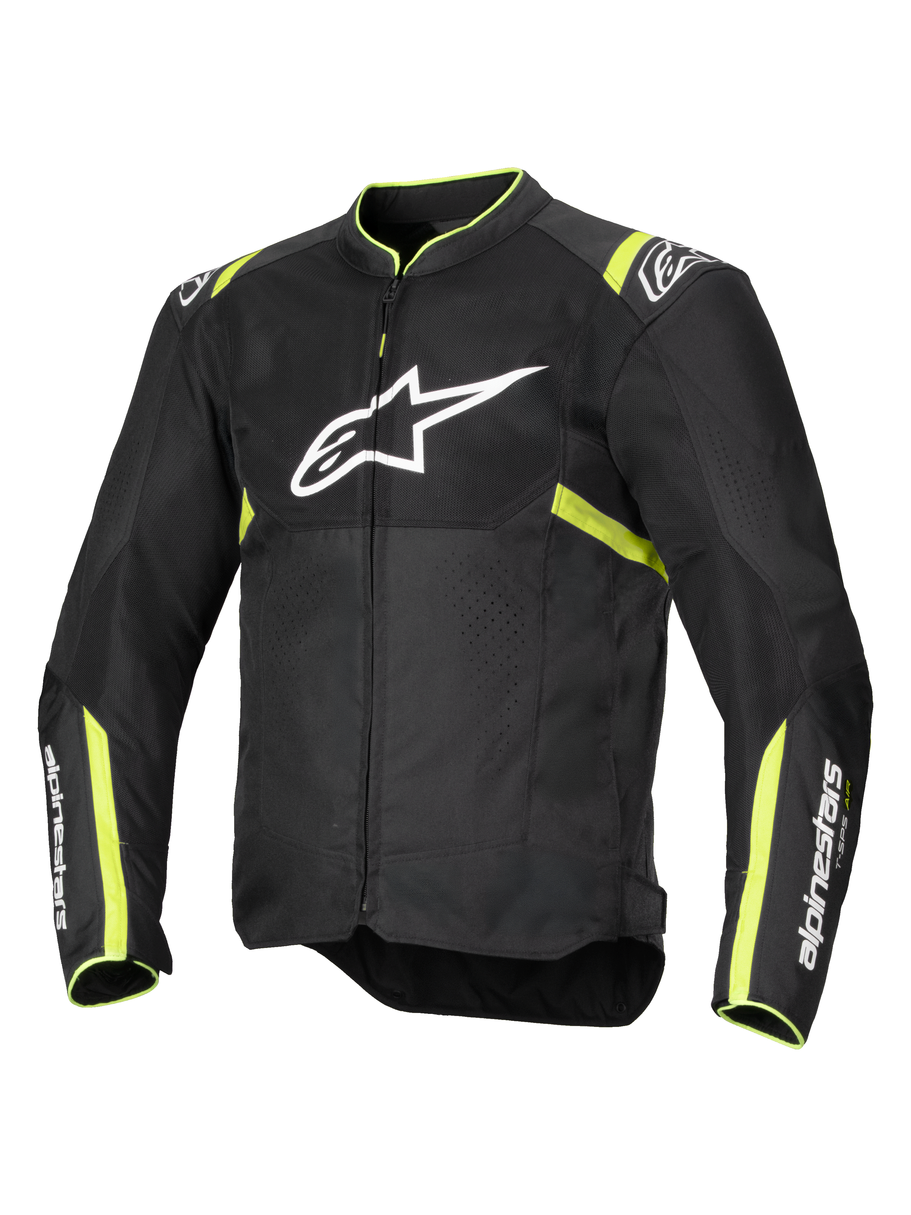 Chaqueta Alpinestars T-Sps Air V2, chaqueta de moto, negro y amarillo flúor, con un gran logotipo blanco en el pecho, paneles de malla para ventilación, detalles en amarillo fluorescente en hombros y mangas, diseño textil deportivo