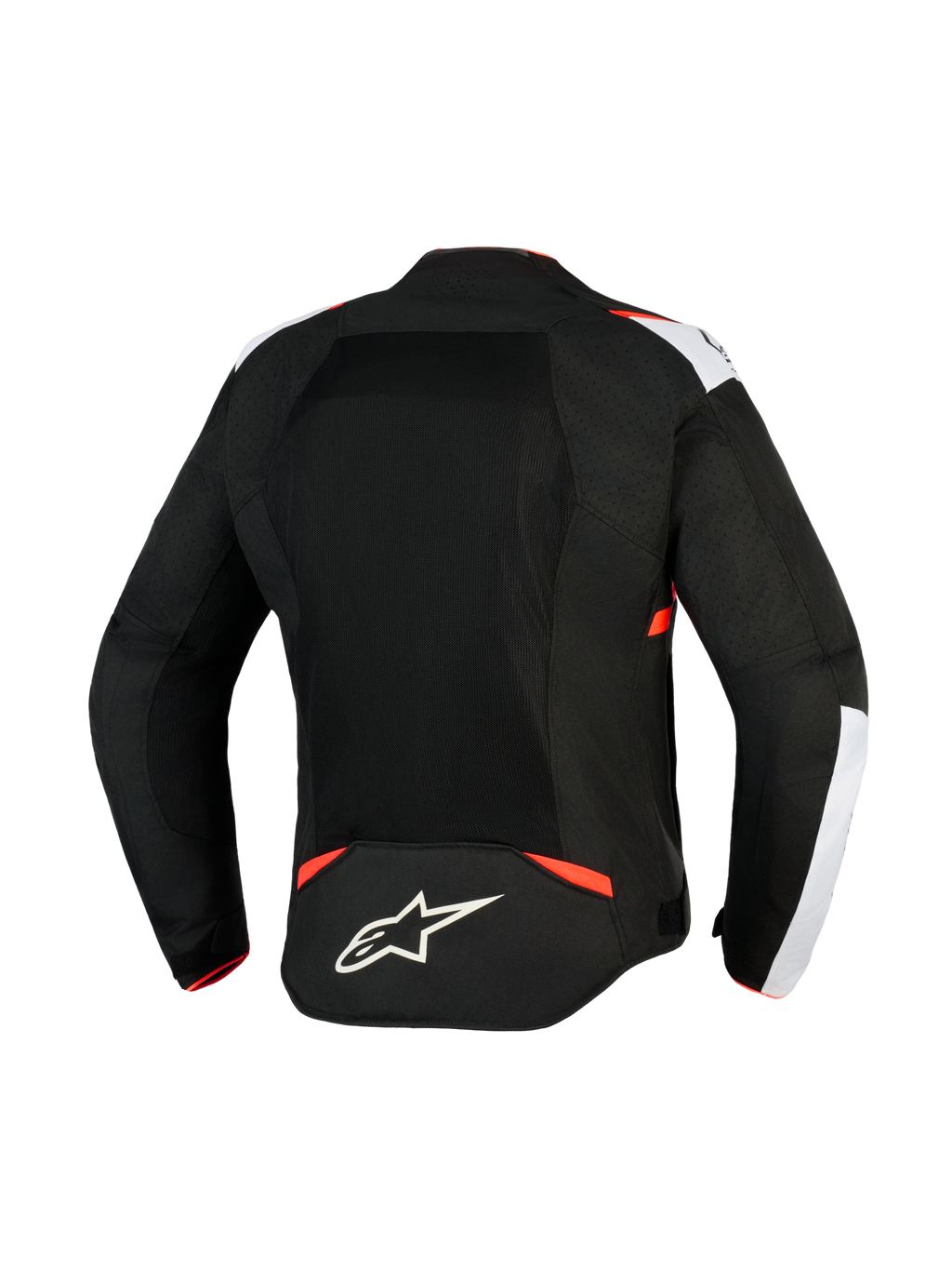 Chaqueta Alpinestars T-Sps Air V2, chaqueta de moto textil, negro, blanco y rojo flúor, vista trasera con grandes paneles de malla para el flujo de aire, detalles blancos en los hombros, logotipo de la estrella de Alpinestars en la parte baja de la espalda, diseño deportivo urbano.
