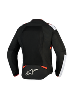 Chaqueta Alpinestars T-Sps Air V2, chaqueta de moto textil, negro, blanco y rojo flúor, vista trasera con grandes paneles de malla para el flujo de aire, detalles blancos en los hombros, logotipo de la estrella de Alpinestars en la parte baja de la espalda, diseño deportivo urbano.