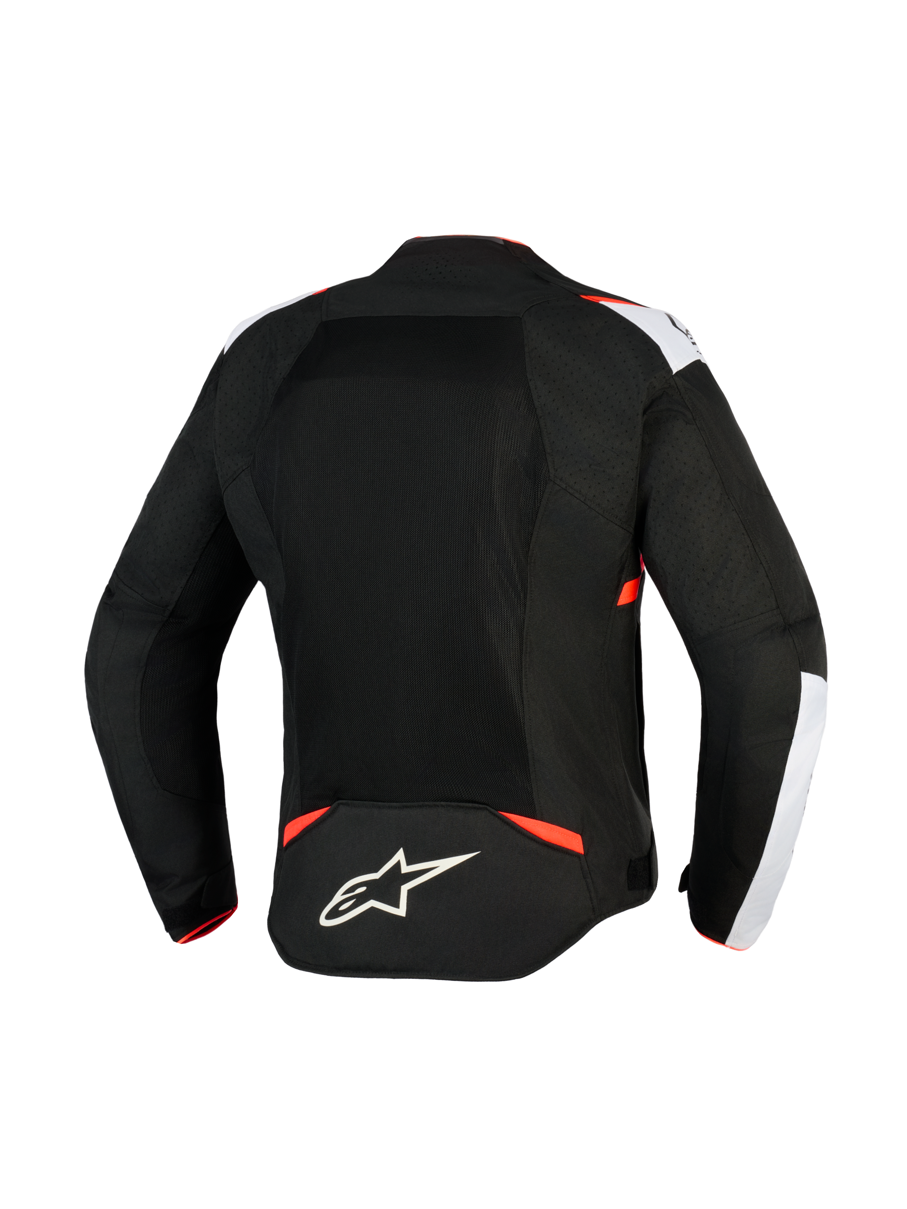 Chaqueta Alpinestars T-Sps Air V2, chaqueta de moto textil, negro, blanco y rojo flúor, vista trasera con grandes paneles de malla para el flujo de aire, detalles blancos en los hombros, logotipo de la estrella de Alpinestars en la parte baja de la espalda, diseño deportivo urbano.