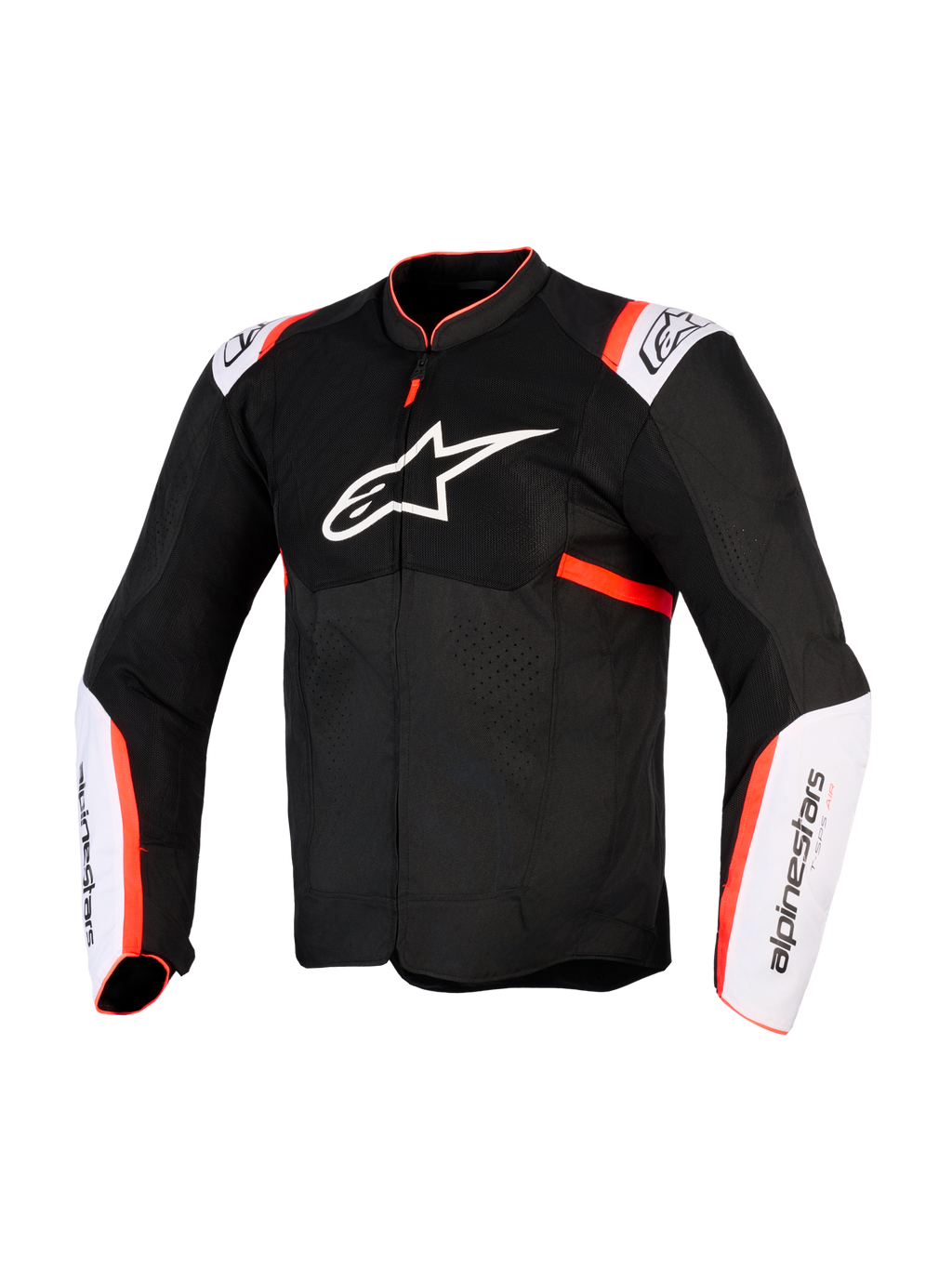 Chaqueta Alpinestars T-Sps Air V2, chaqueta de moto, negro, blanco y rojo flúor, vista frontal con un gran logotipo de estrella blanca en el pecho, paneles de malla, paneles blancos en las mangas con detalles en rojo flúor, construcción de tejido técnico para conducción en verano