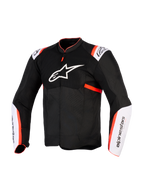 Chaqueta Alpinestars T-Sps Air V2, chaqueta de moto, negro, blanco y rojo flúor, vista frontal con un gran logotipo de estrella blanca en el pecho, paneles de malla, paneles blancos en las mangas con detalles en rojo flúor, construcción de tejido técnico para conducción en verano
