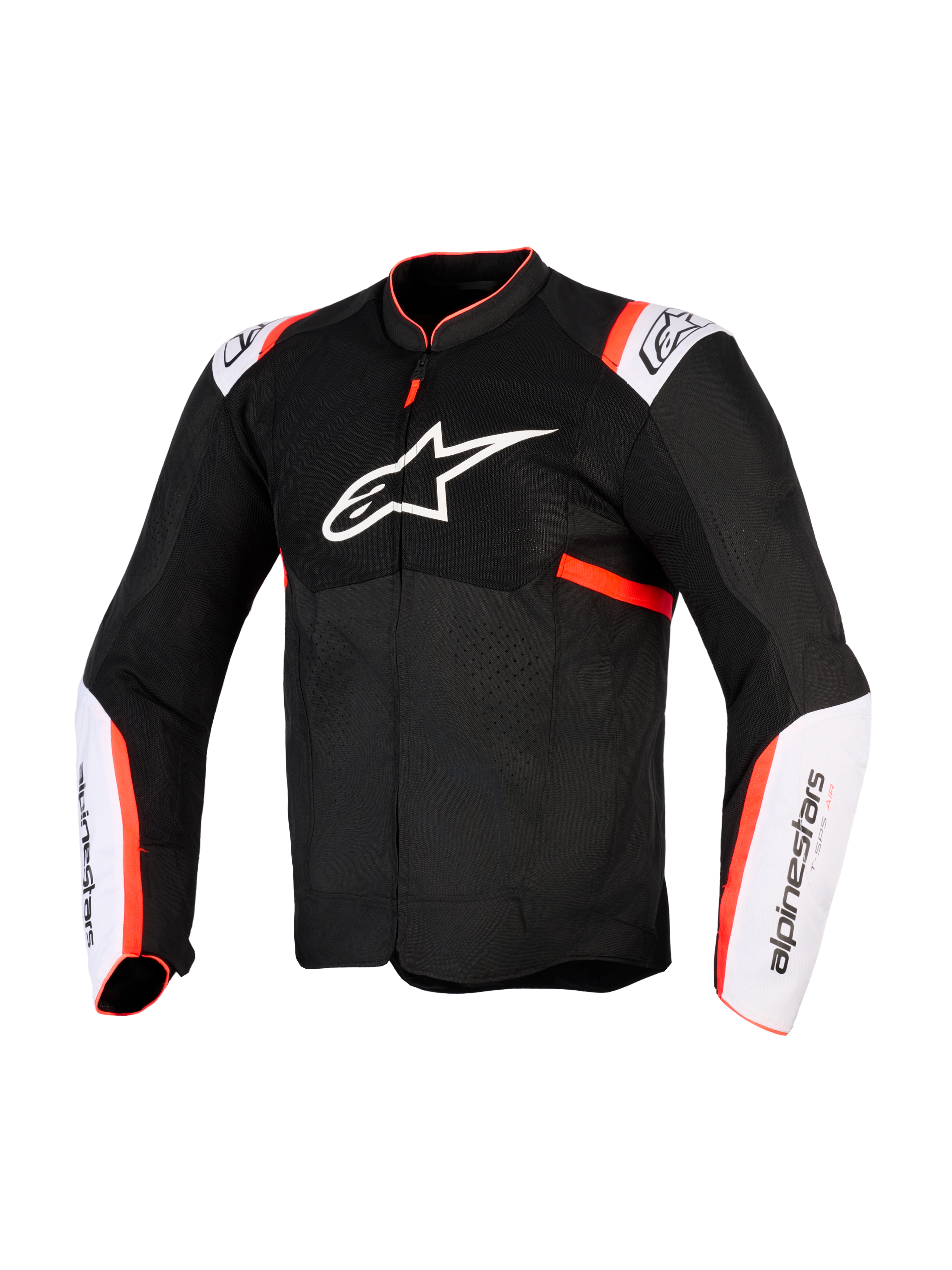 Chaqueta Alpinestars T-Sps Air V2, chaqueta de moto, negro, blanco y rojo flúor, vista frontal con un gran logotipo de estrella blanca en el pecho, paneles de malla, paneles blancos en las mangas con detalles en rojo flúor, construcción de tejido técnico para conducción en verano