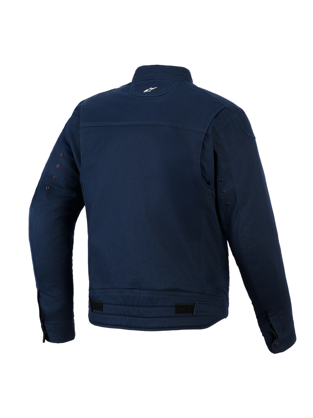 Chaqueta Alpinestars Bruiser, chaqueta de moto urbana, azul oscuro, vista trasera con construcción de sarga de polialgodón elástico, pequeño logo blanco en la nuca, ojales de ventilación en las mangas y pestañas de ajuste en la cintura.