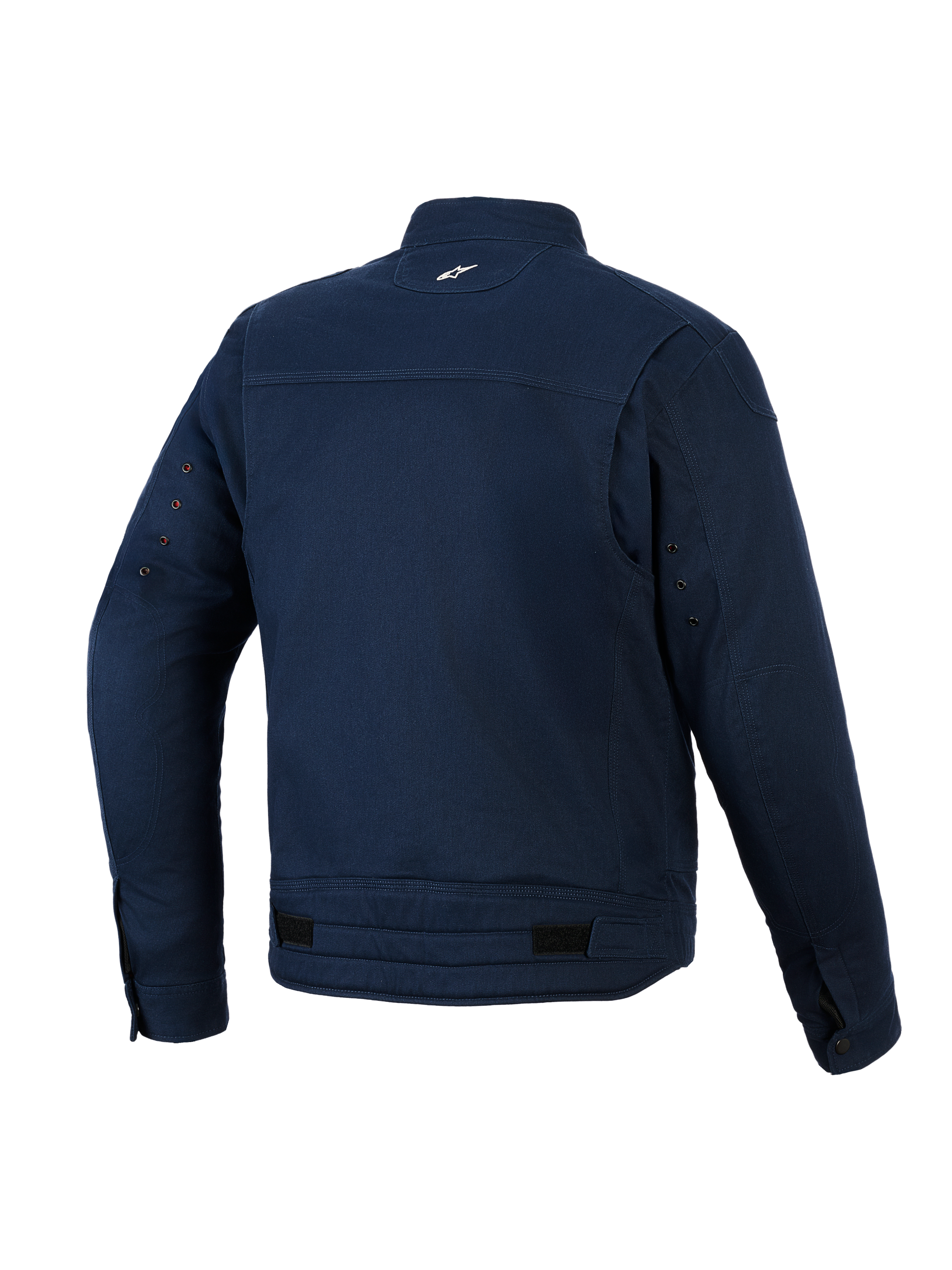 Chaqueta Alpinestars Bruiser, chaqueta de moto urbana, azul oscuro, vista trasera con construcción de sarga de polialgodón elástico, pequeño logo blanco en la nuca, ojales de ventilación en las mangas y pestañas de ajuste en la cintura.