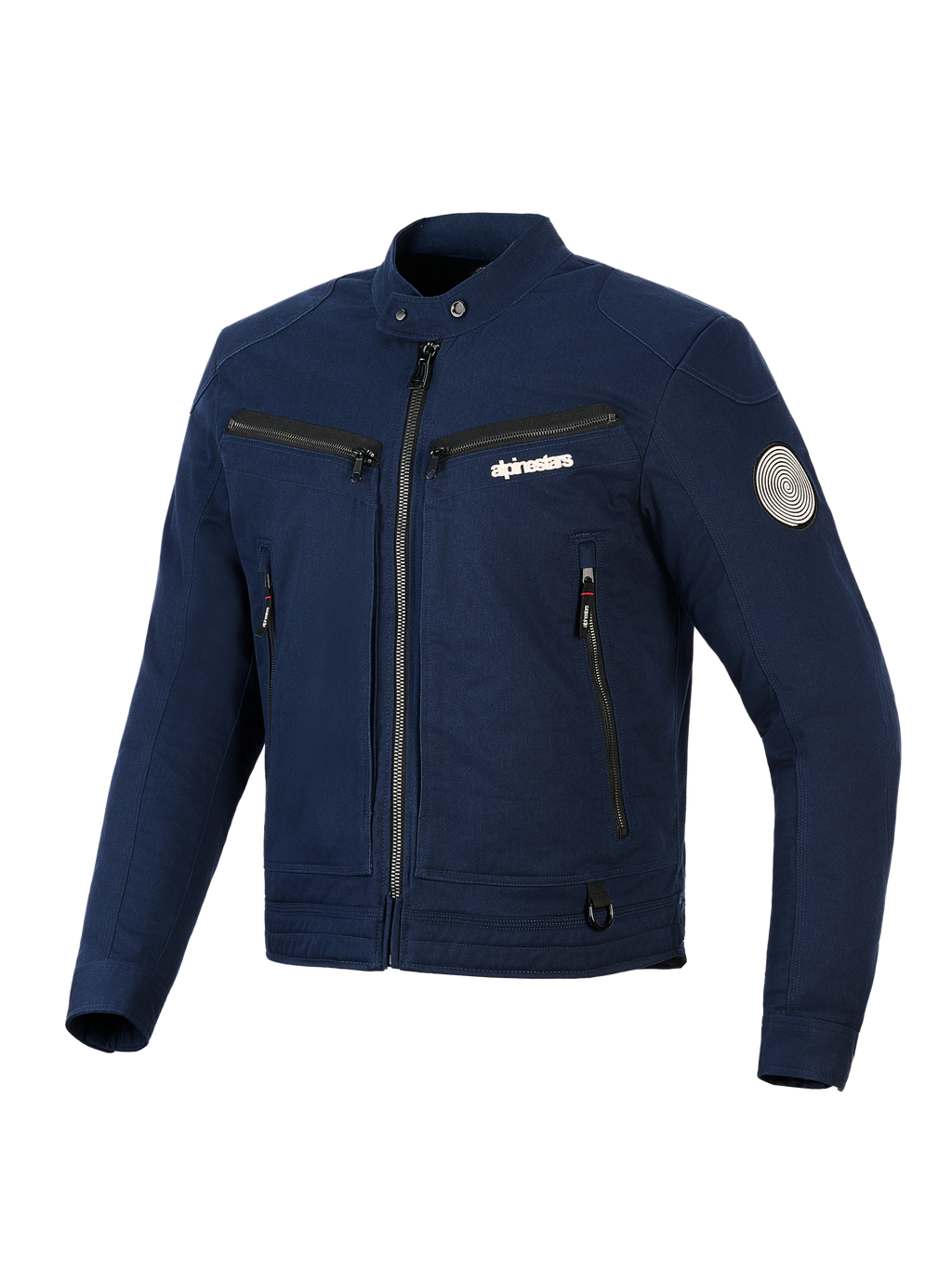 Chaqueta Alpinestars Bruiser, chaqueta de moto textil urbana, azul oscuro, diseño inspirado en la ropa de trabajo con cremallera frontal y bolsillos en el pecho, cuello con botones a presión y parche de espiral Oscar en la manga, estética de streetwear contemporánea