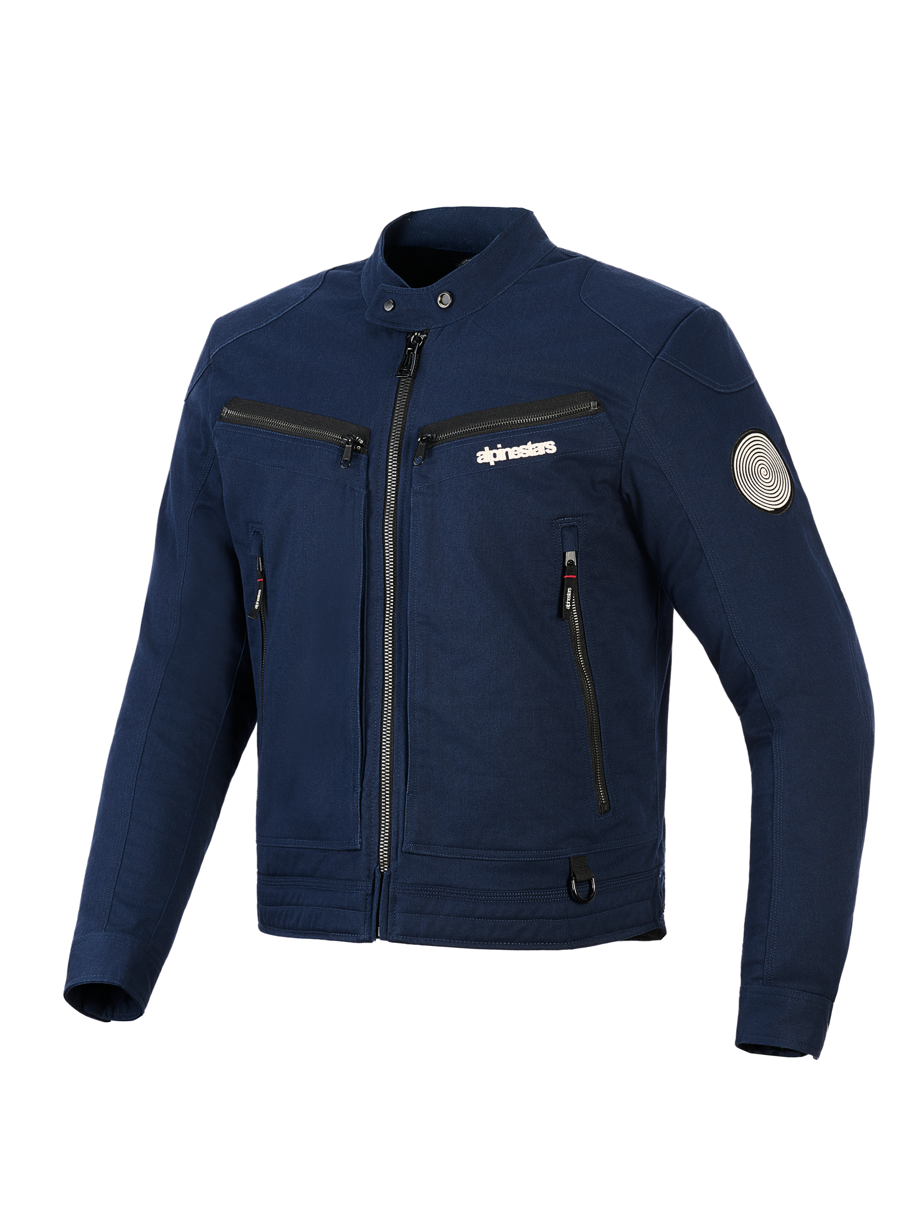Chaqueta Alpinestars Bruiser, chaqueta de moto textil urbana, azul oscuro, diseño inspirado en la ropa de trabajo con cremallera frontal y bolsillos en el pecho, cuello con botones a presión y parche de espiral Oscar en la manga, estética de streetwear contemporánea
