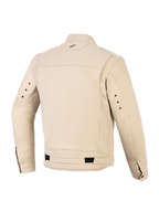 Chaqueta Alpinestars Bruiser, chaqueta urbana para motocicleta, color Aluminum (tostado), vista trasera con paneles plisados en los hombros, correas de cintura ajustables con lengüetas negras, pequeño logotipo bordado en la nuca y ojales metálicos en la parte posterior de las mangas.