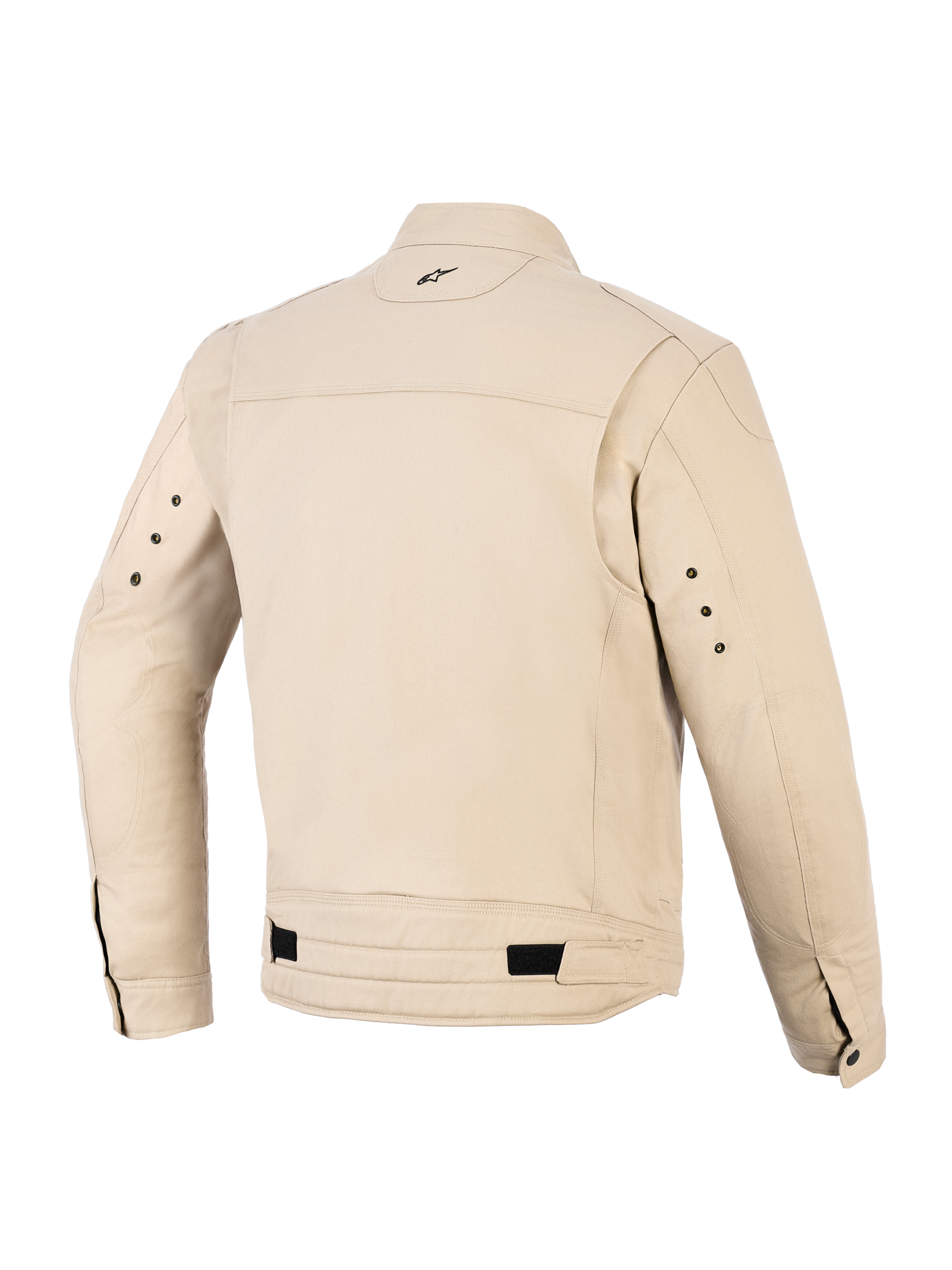 Chaqueta Alpinestars Bruiser, chaqueta urbana para motocicleta, color Aluminum (tostado), vista trasera con paneles plisados en los hombros, correas de cintura ajustables con lengüetas negras, pequeño logotipo bordado en la nuca y ojales metálicos en la parte posterior de las mangas.