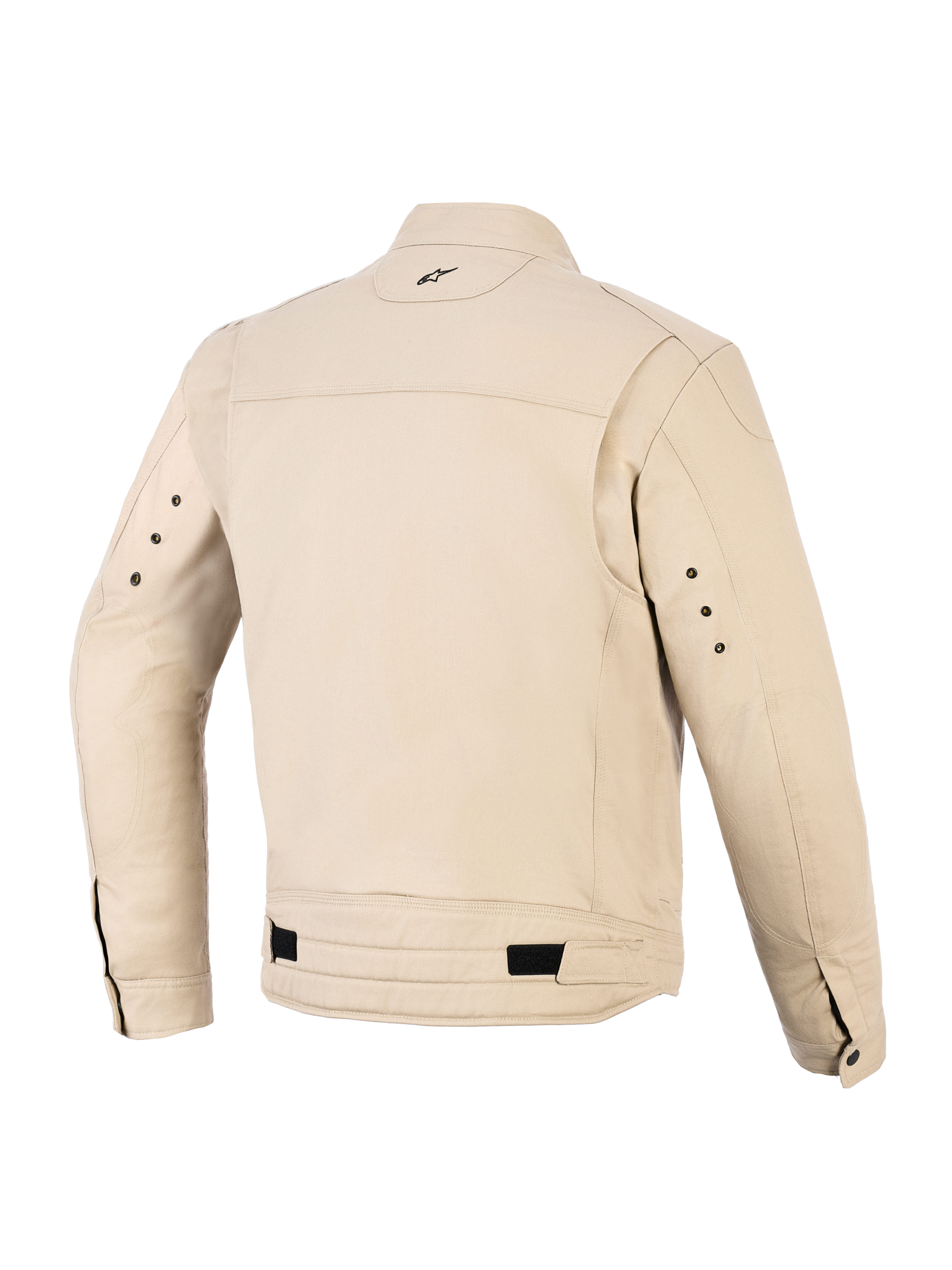 Chaqueta Alpinestars Bruiser, chaqueta urbana para motocicleta, color Aluminum (tostado), vista trasera con paneles plisados en los hombros, correas de cintura ajustables con lengüetas negras, pequeño logotipo bordado en la nuca y ojales metálicos en la parte posterior de las mangas.