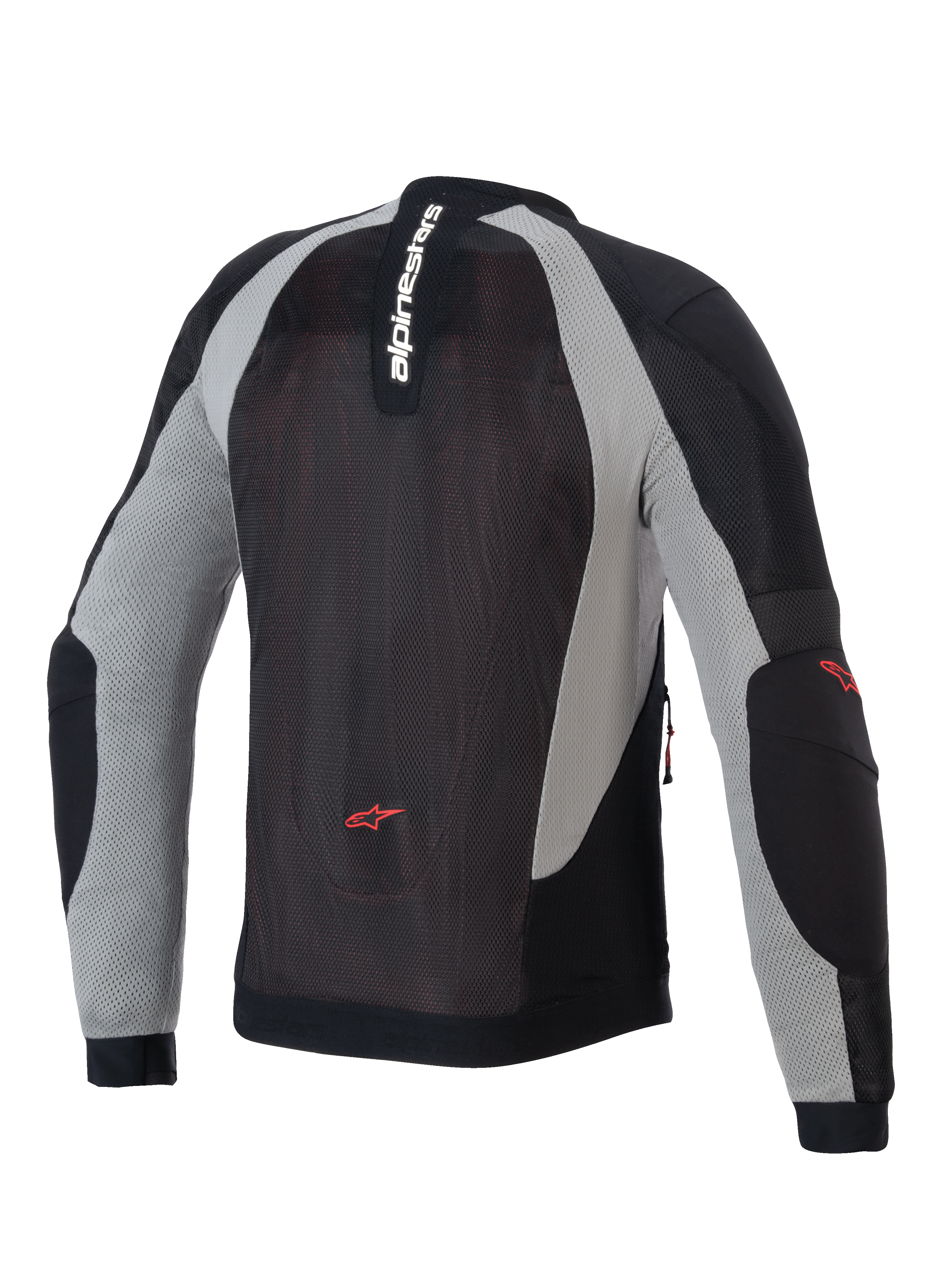 Chaqueta Alpinestars Troop-Air, chaqueta de aire para moto, negro, gris ceniza y rojo brillante, vista posterior que muestra la construcción de malla técnica, marca Alpinestars vertical en el cuello y logotipos de estrella rojos en la parte inferior de la espalda y los codos.