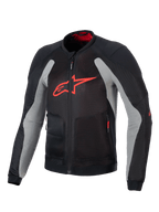 Chaqueta Alpinestars Troop-Air, chaqueta técnica de moto ventilada, negro y gris ceniza con rojo brillante, con un gran logotipo A-star rojo en el pecho, construcción de malla para flujo de aire y diseño técnico de conducción