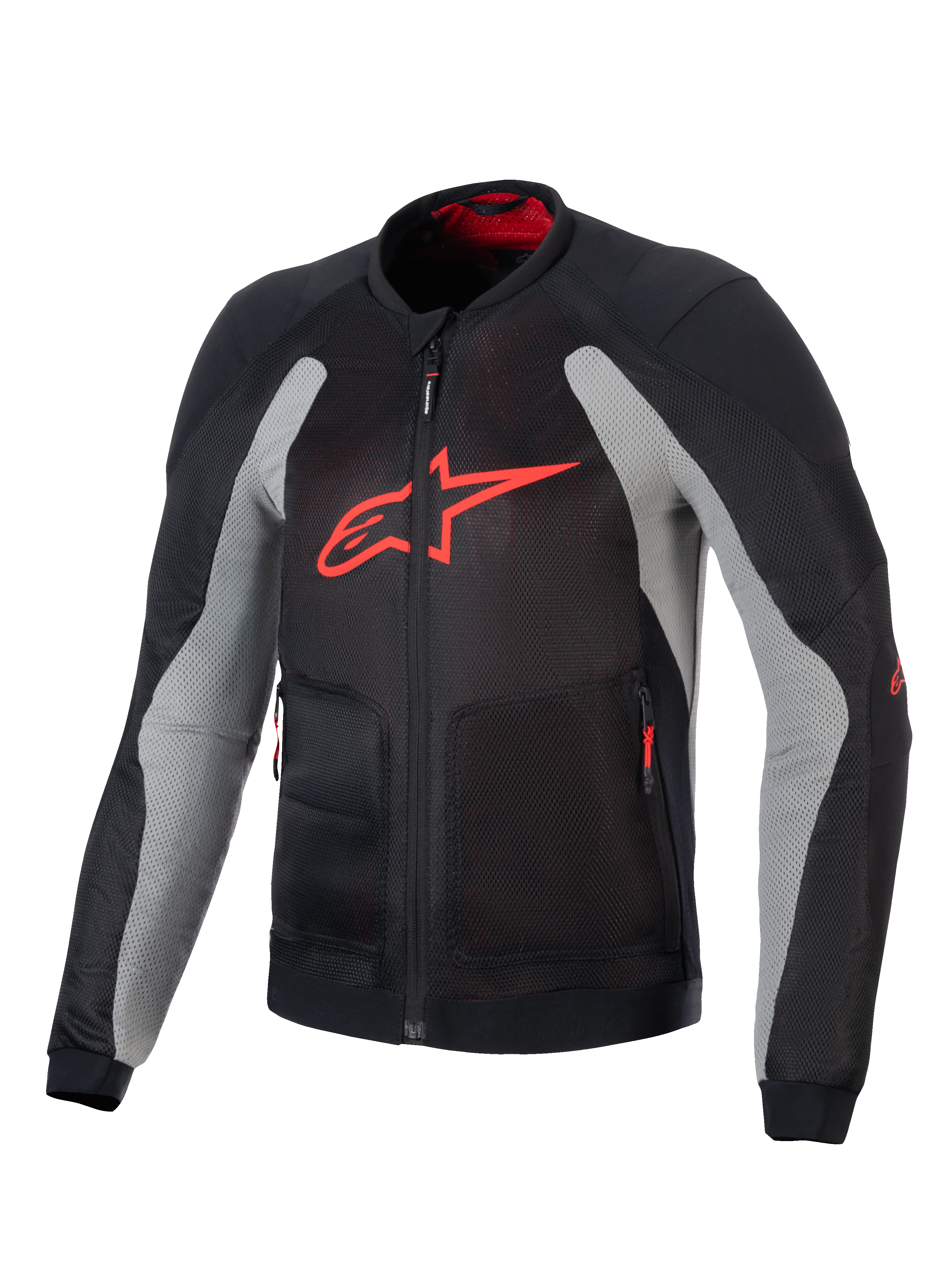 Chaqueta Alpinestars Troop-Air, chaqueta técnica de moto ventilada, negro y gris ceniza con rojo brillante, con un gran logotipo A-star rojo en el pecho, construcción de malla para flujo de aire y diseño técnico de conducción
