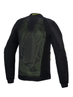 Alpinestars Troop-Air Jacket, chaqueta técnica de malla para moto, negro y amarillo flúor, vista trasera con amplios paneles de malla técnica 2D para ventilación, logotipo amarillo de Alpinestars en el cuello y mangas textiles reforzadas.