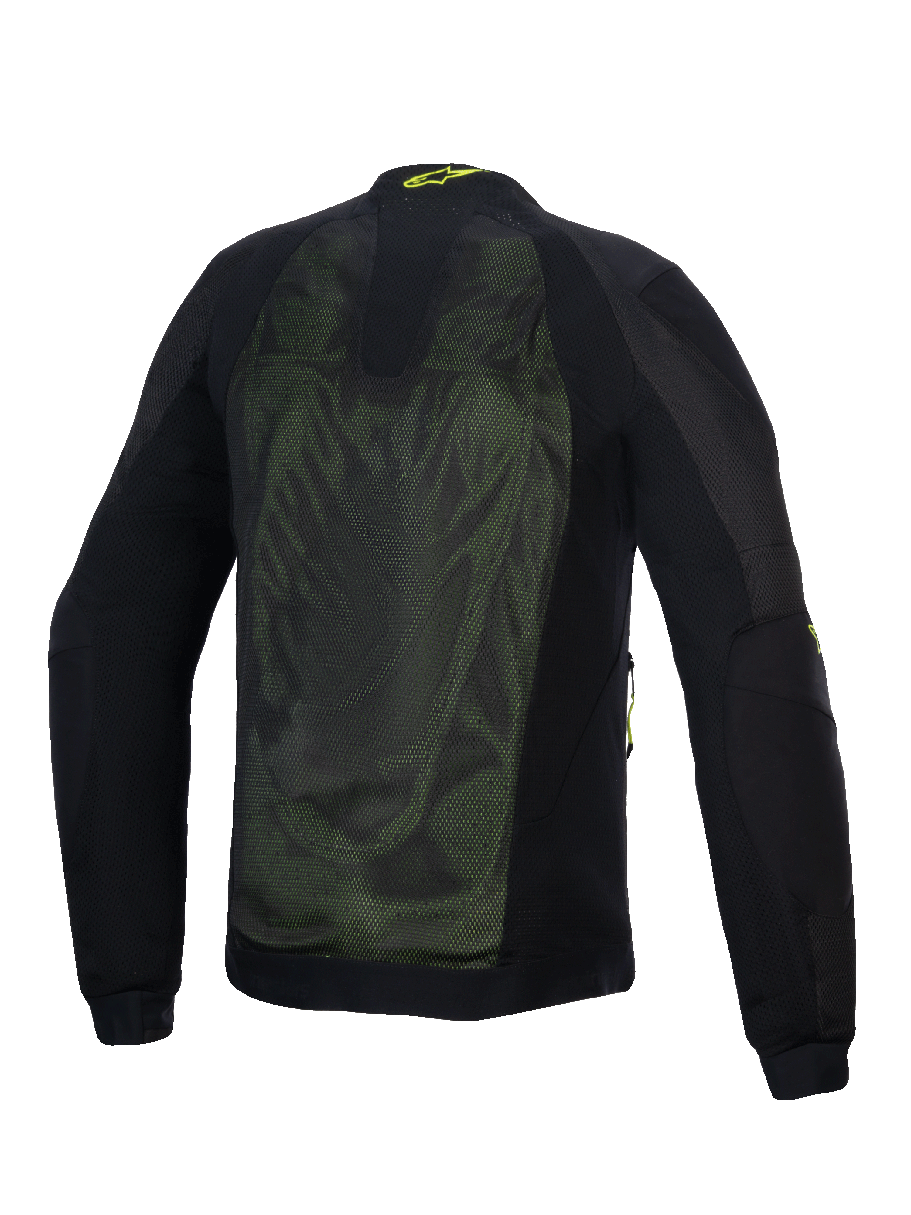 Alpinestars Troop-Air Jacket, chaqueta técnica de malla para moto, negro y amarillo flúor, vista trasera con amplios paneles de malla técnica 2D para ventilación, logotipo amarillo de Alpinestars en el cuello y mangas textiles reforzadas.