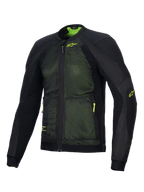 Chaqueta Alpinestars Troop-Air, avanzada chaqueta de aire para moto, negro y amarillo flúor, con construcción de malla técnica 2D para un flujo de aire superior, logotipo Alpinestars amarillo flúor en el pecho y la manga, diseño ligero y transpirable para conducción en carretera en verano