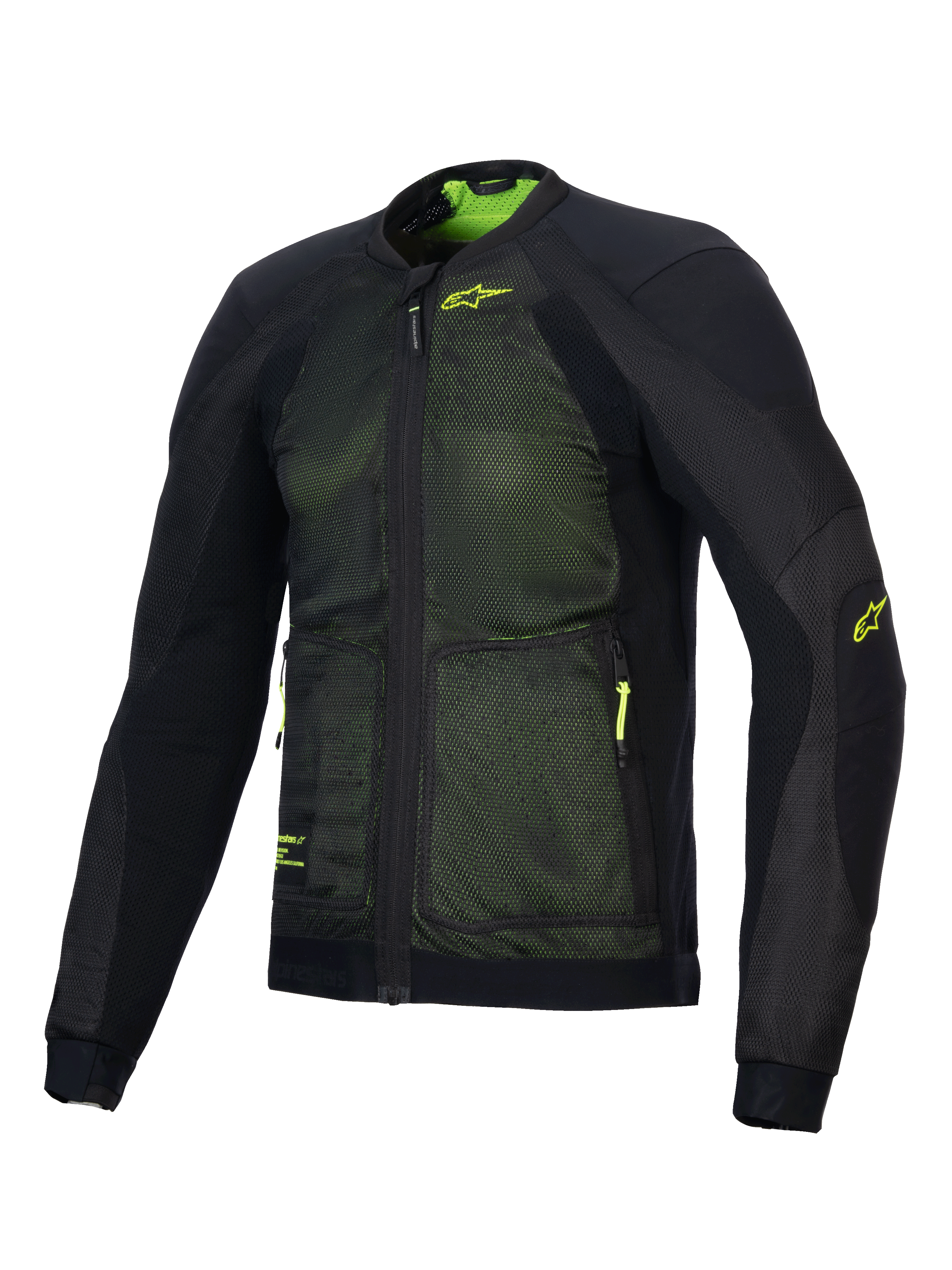 Chaqueta Alpinestars Troop-Air, avanzada chaqueta de aire para moto, negro y amarillo flúor, con construcción de malla técnica 2D para un flujo de aire superior, logotipo Alpinestars amarillo flúor en el pecho y la manga, diseño ligero y transpirable para conducción en carretera en verano