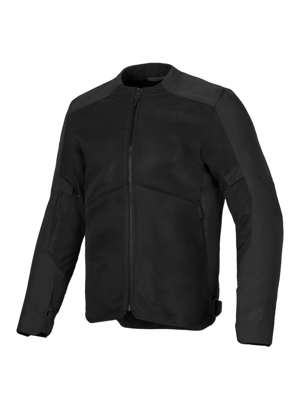 Chaqueta Alpinestars C-1 Air, chaqueta de moto negra con amplios paneles de ventilación de malla, chasis de polifabric 450D, marca sutil grabada en los hombros y diseño urbano contemporáneo para climas cálidos.