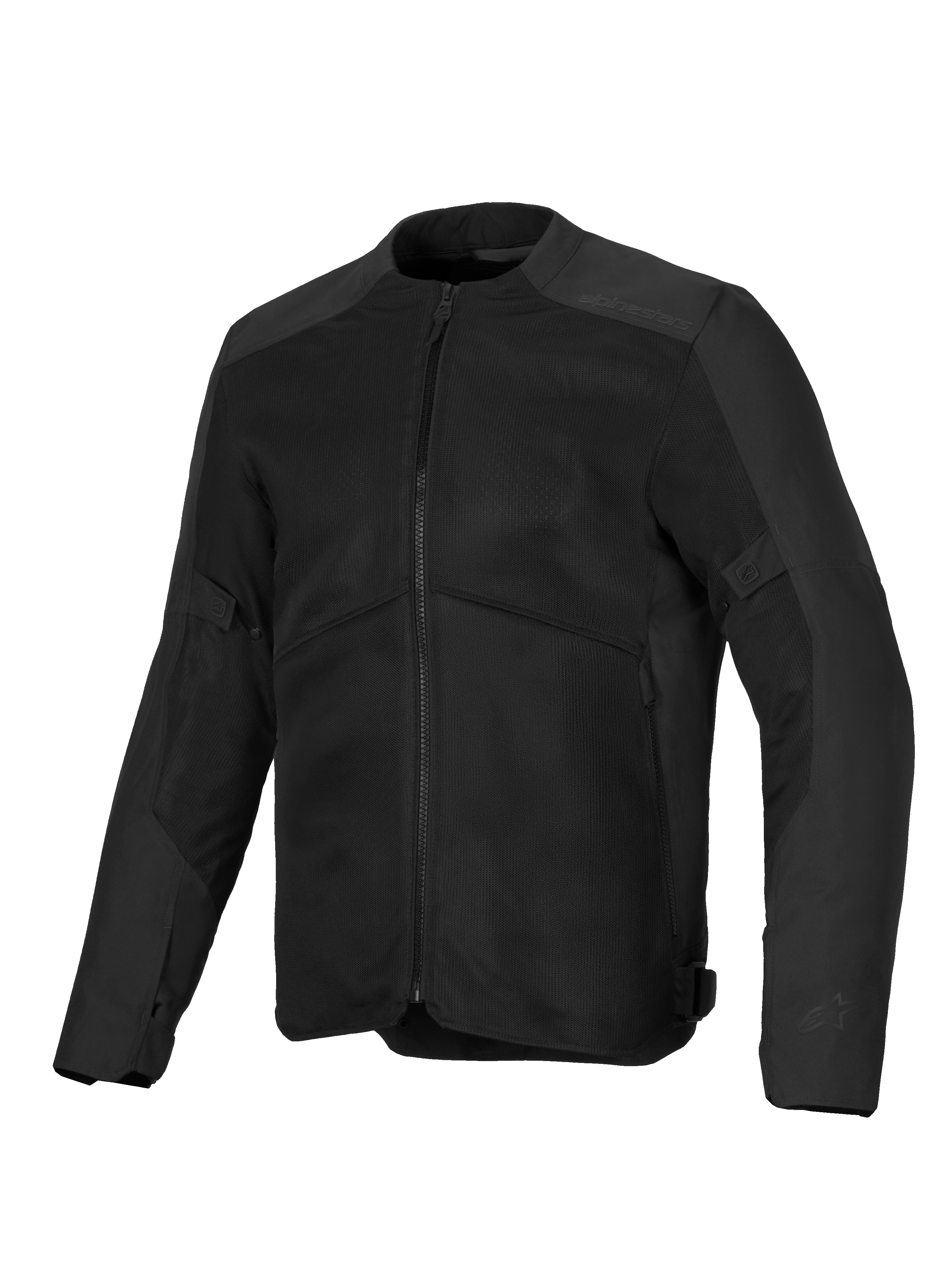 Chaqueta Alpinestars C-1 Air, chaqueta de moto negra con amplios paneles de ventilación de malla, chasis de polifabric 450D, marca sutil grabada en los hombros y diseño urbano contemporáneo para climas cálidos.
