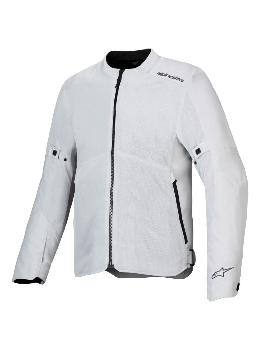Alpinestars C-1 Air Jacket, chaqueta de moto, color plata, construcción textil ligera con paneles de malla técnica, vista frontal con cremallera central negra y bolsillos laterales, logotipos de Alpinestars en el hombro y el puño, estilo urbano