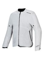 Alpinestars C-1 Air Jacket, chaqueta de moto, color plata, construcción textil ligera con paneles de malla técnica, vista frontal con cremallera central negra y bolsillos laterales, logotipos de Alpinestars en el hombro y el puño, estilo urbano