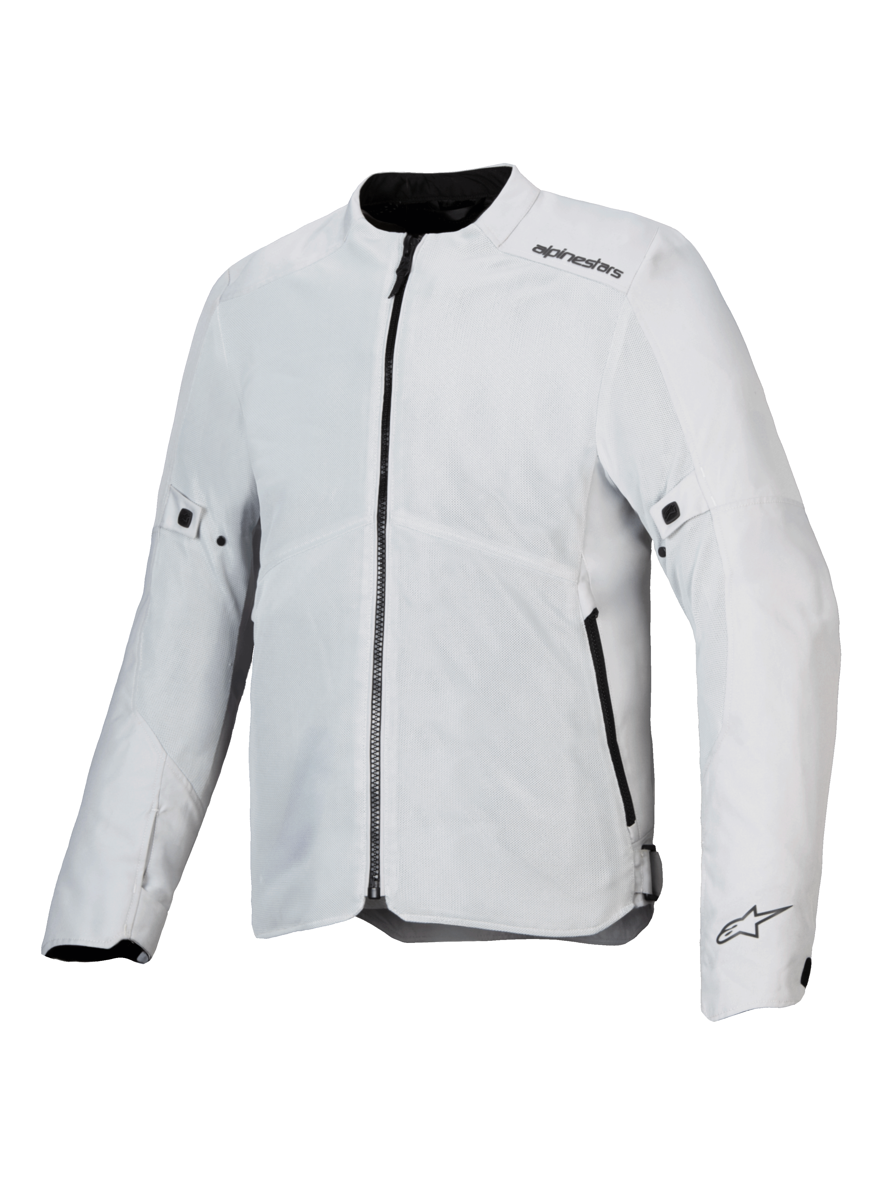 Alpinestars C-1 Air Jacket, chaqueta de moto, color plata, construcción textil ligera con paneles de malla técnica, vista frontal con cremallera central negra y bolsillos laterales, logotipos de Alpinestars en el hombro y el puño, estilo urbano