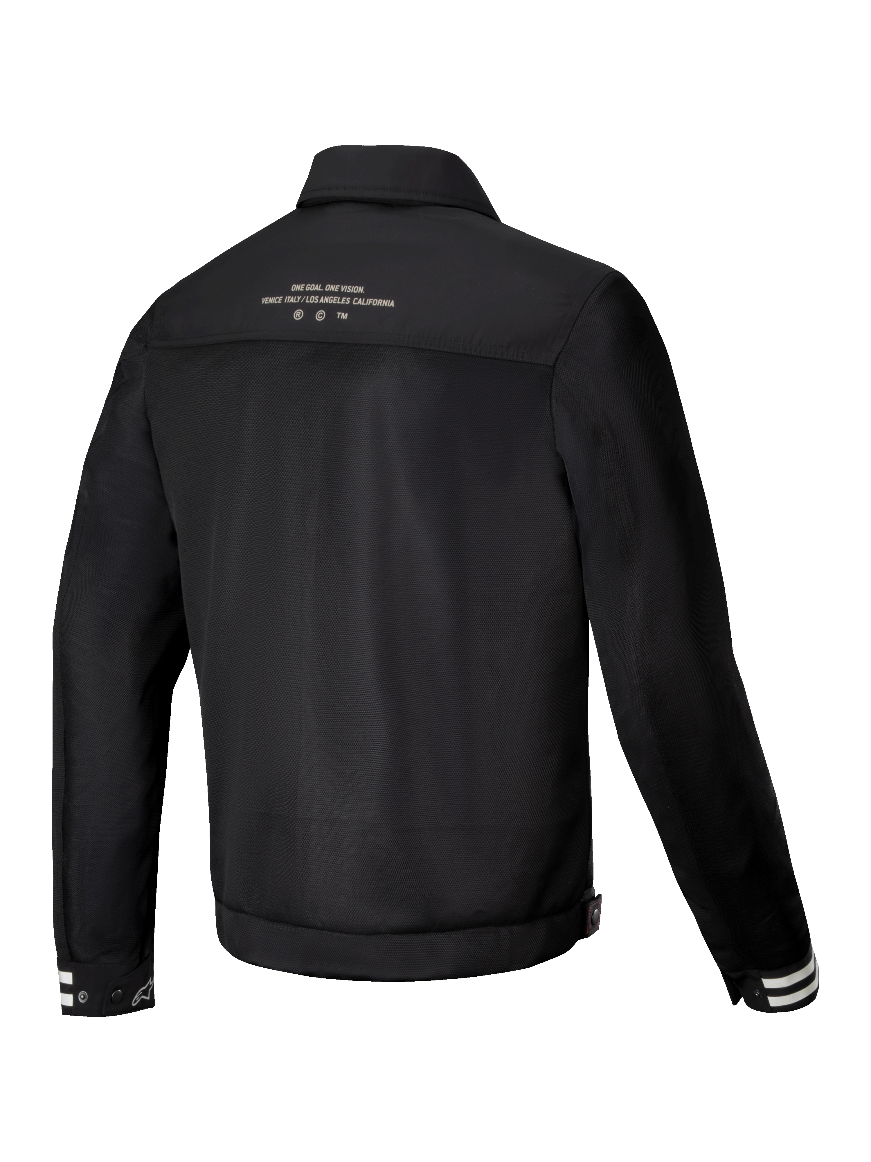 Alpinestars Chaqueta Ignite Air, chaqueta de moto urbana para hombre, negra, vista trasera que muestra la construcción del cuerpo de malla transpirable y los gráficos inspirados en clubes