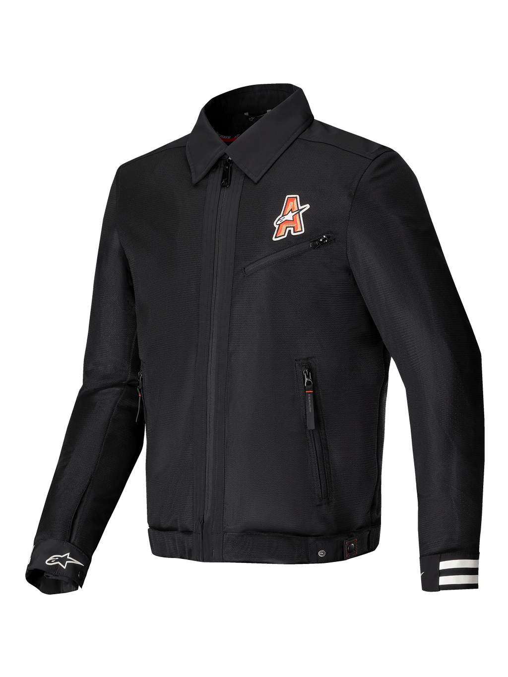 Alpinestars Chaqueta Ignite Air, chaqueta de moto urbana con construcción de malla y certificación CE, negra, con gráficos inspirados en clubes y cuello de camisa tradicional