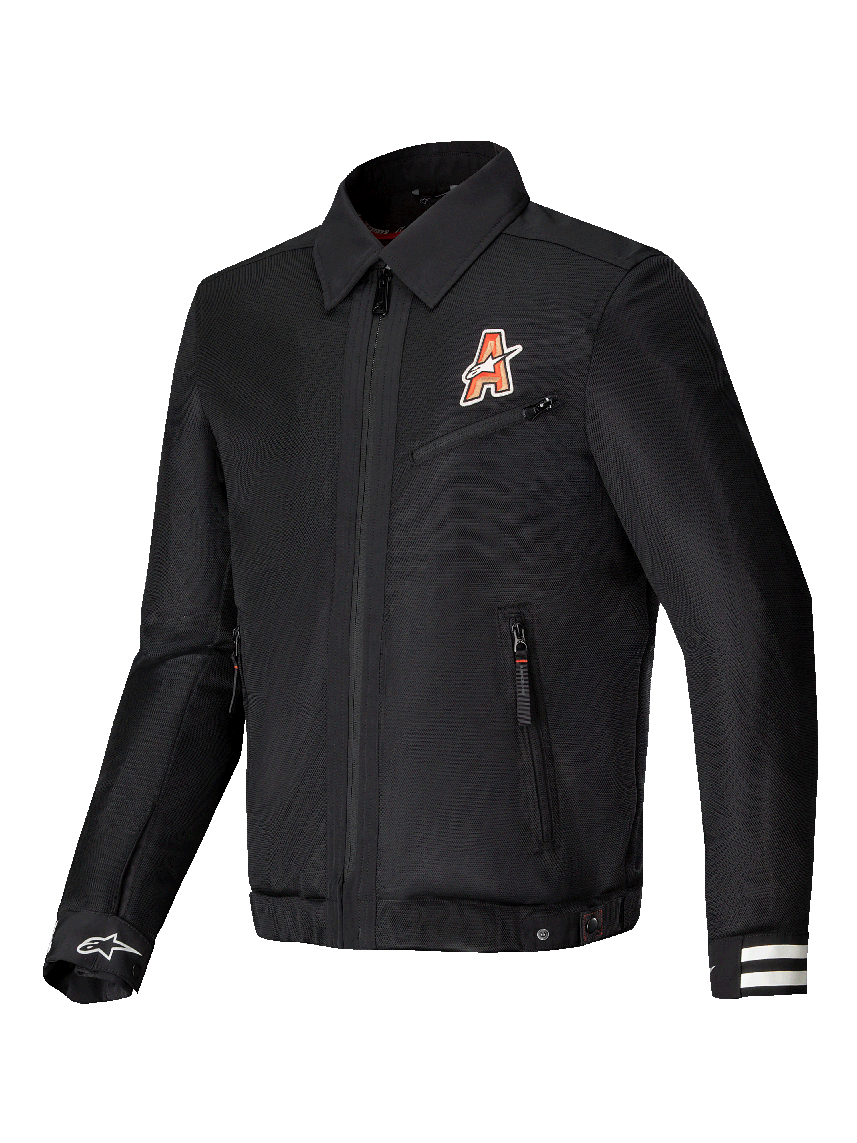 Alpinestars Chaqueta Ignite Air, chaqueta de moto urbana con construcción de malla y certificación CE, negra, con gráficos inspirados en clubes y cuello de camisa tradicional
