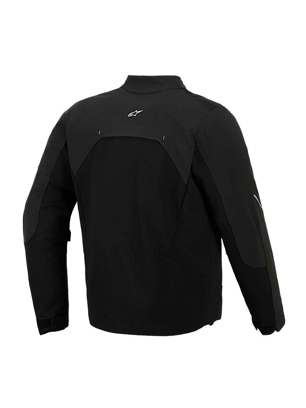 Chaqueta Alpinestars Provoke, chaqueta textil de moto, negra, vista trasera que muestra paneles de softshell ripstop y un pequeño logotipo blanco en la parte superior de la espalda, diseño técnico urbano para desplazamientos en moto