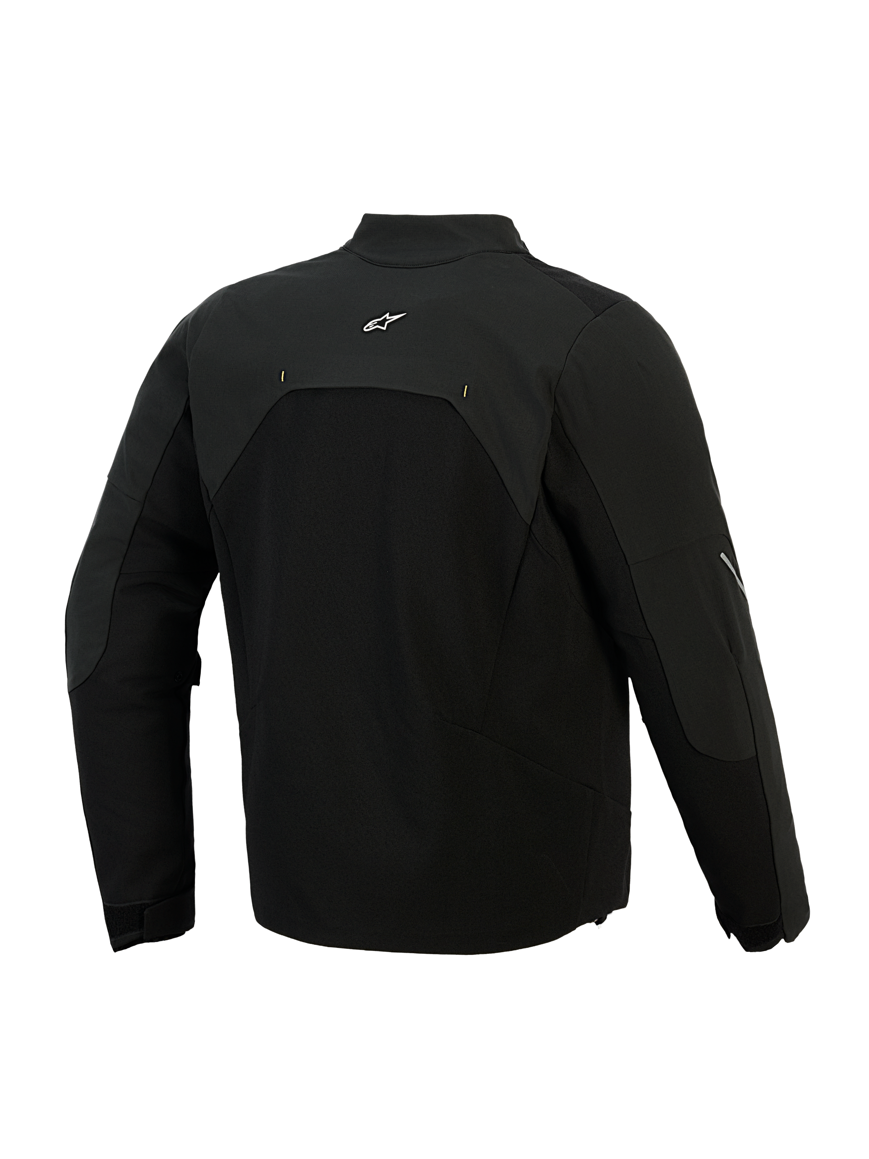 Chaqueta Alpinestars Provoke, chaqueta textil de moto, negra, vista trasera que muestra paneles de softshell ripstop y un pequeño logotipo blanco en la parte superior de la espalda, diseño técnico urbano para desplazamientos en moto