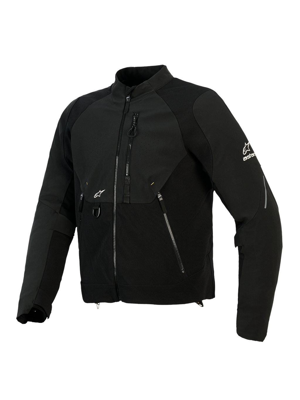 Chaqueta Alpinestars Provoke, chaqueta textil de moto en color negro, cuenta con paneles de softshell ripstop, zona del pecho perforada por láser, bolsillos con cremallera, logotipo blanco de Alpinestars en la manga y el pecho, equipamiento de conducción urbana contemporánea