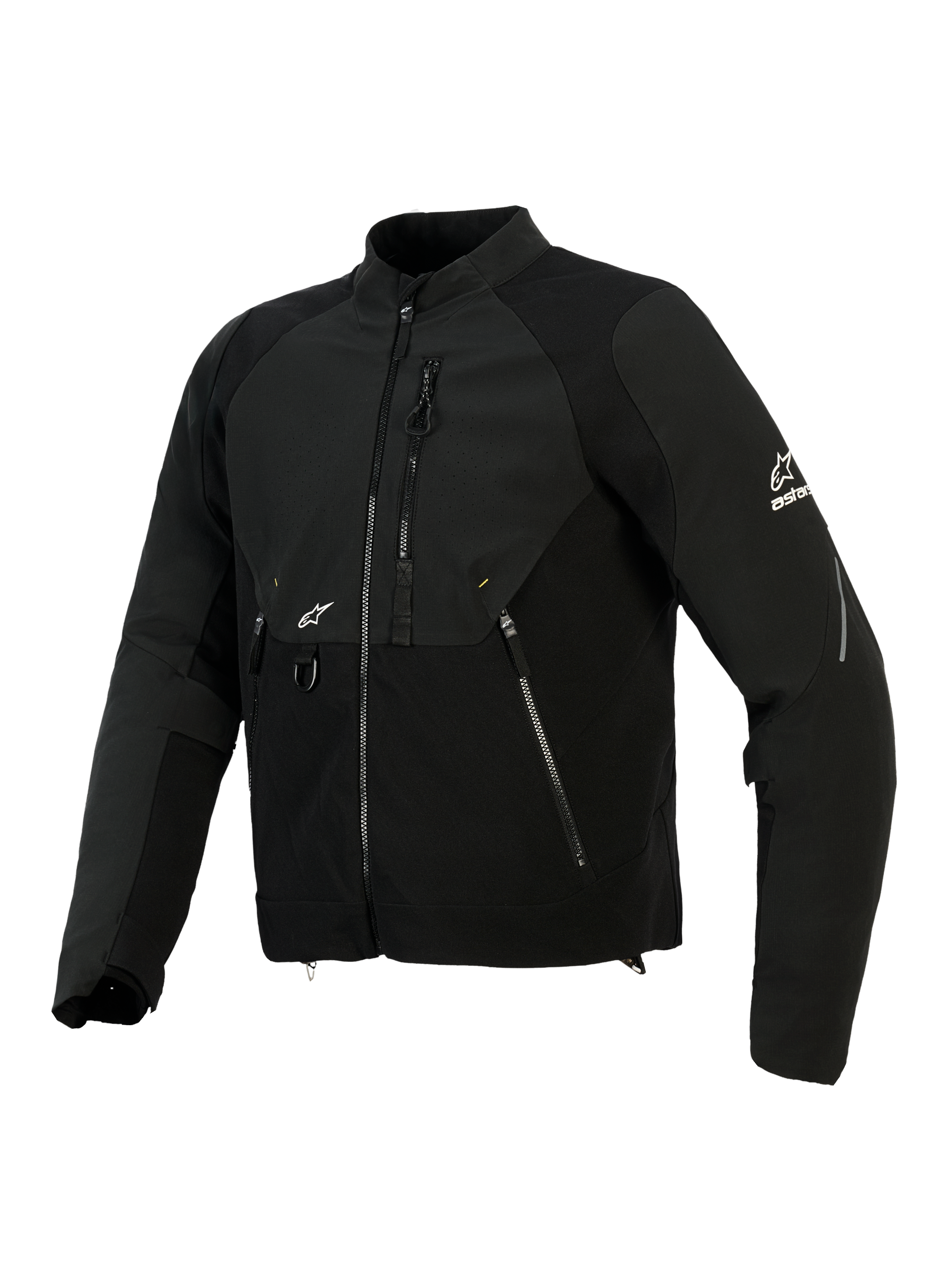 Chaqueta Alpinestars Provoke, chaqueta textil de moto en color negro, cuenta con paneles de softshell ripstop, zona del pecho perforada por láser, bolsillos con cremallera, logotipo blanco de Alpinestars en la manga y el pecho, equipamiento de conducción urbana contemporánea