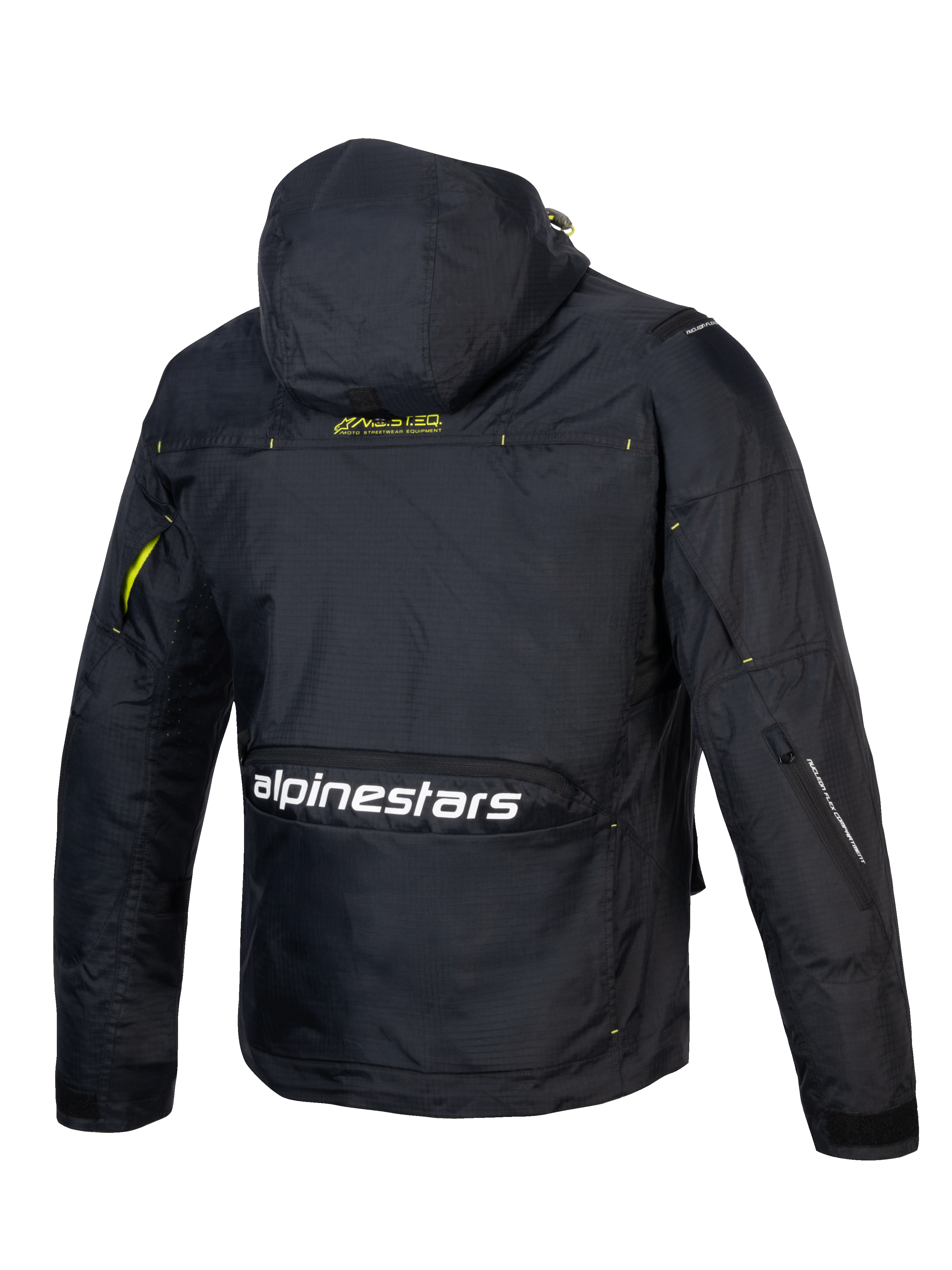 Alpinestars Mogress Air, chaqueta de moto urbana negra y verde lima, ripstop ventilado con capucha y logotipo trasero.