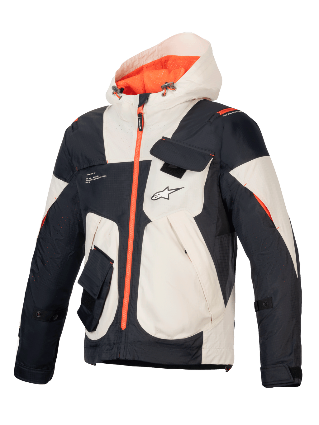 Chaqueta Mogress Air de Alpinestars, chaqueta de moto urbana para hombre, colores almendra, negro y naranja, tejido ripstop ventilado, protectores Nucleon Flex Plus y certificación CE clase A.