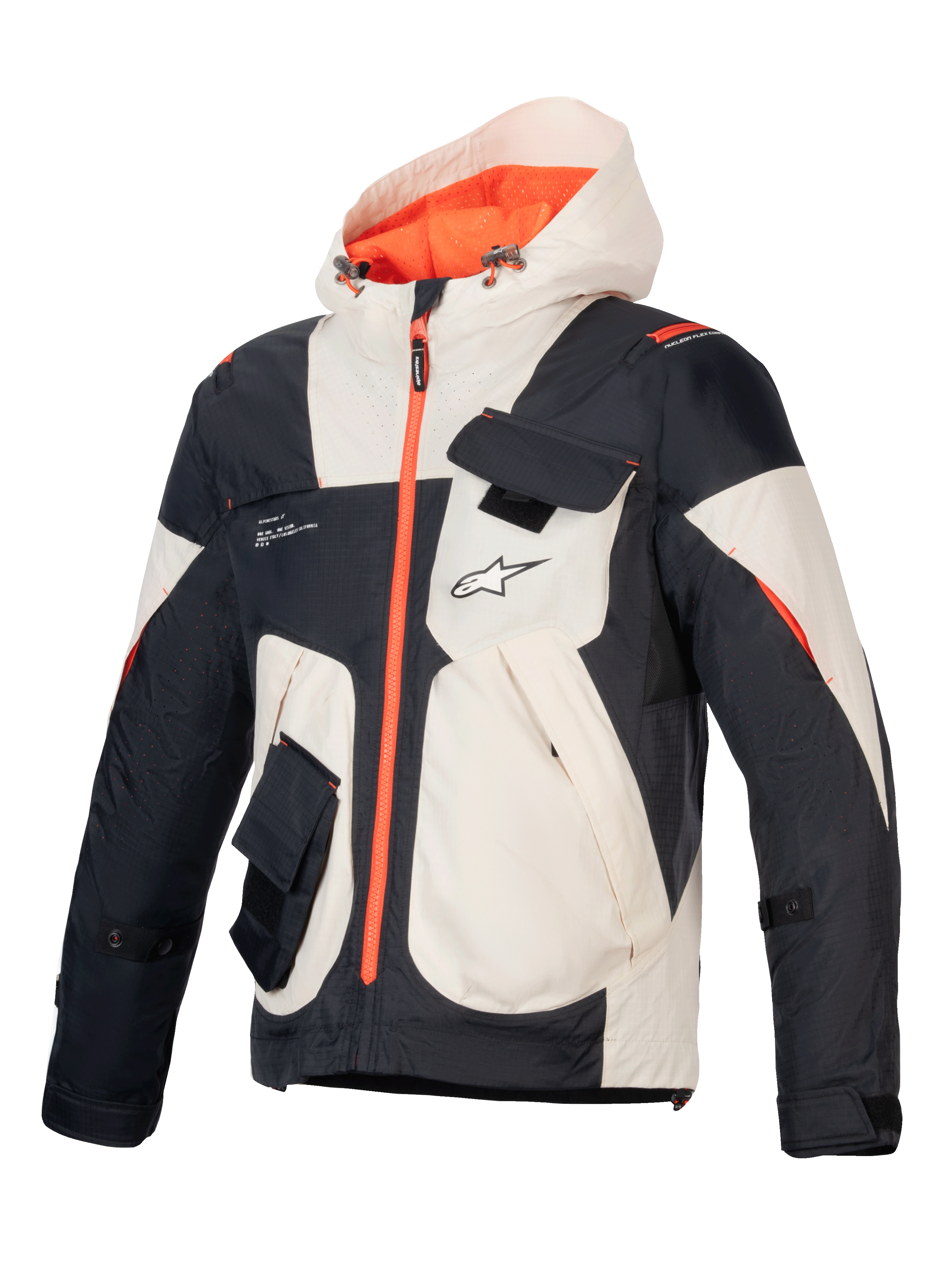 Chaqueta Mogress Air de Alpinestars, chaqueta de moto urbana para hombre, colores almendra, negro y naranja, tejido ripstop ventilado, protectores Nucleon Flex Plus y certificación CE clase A.