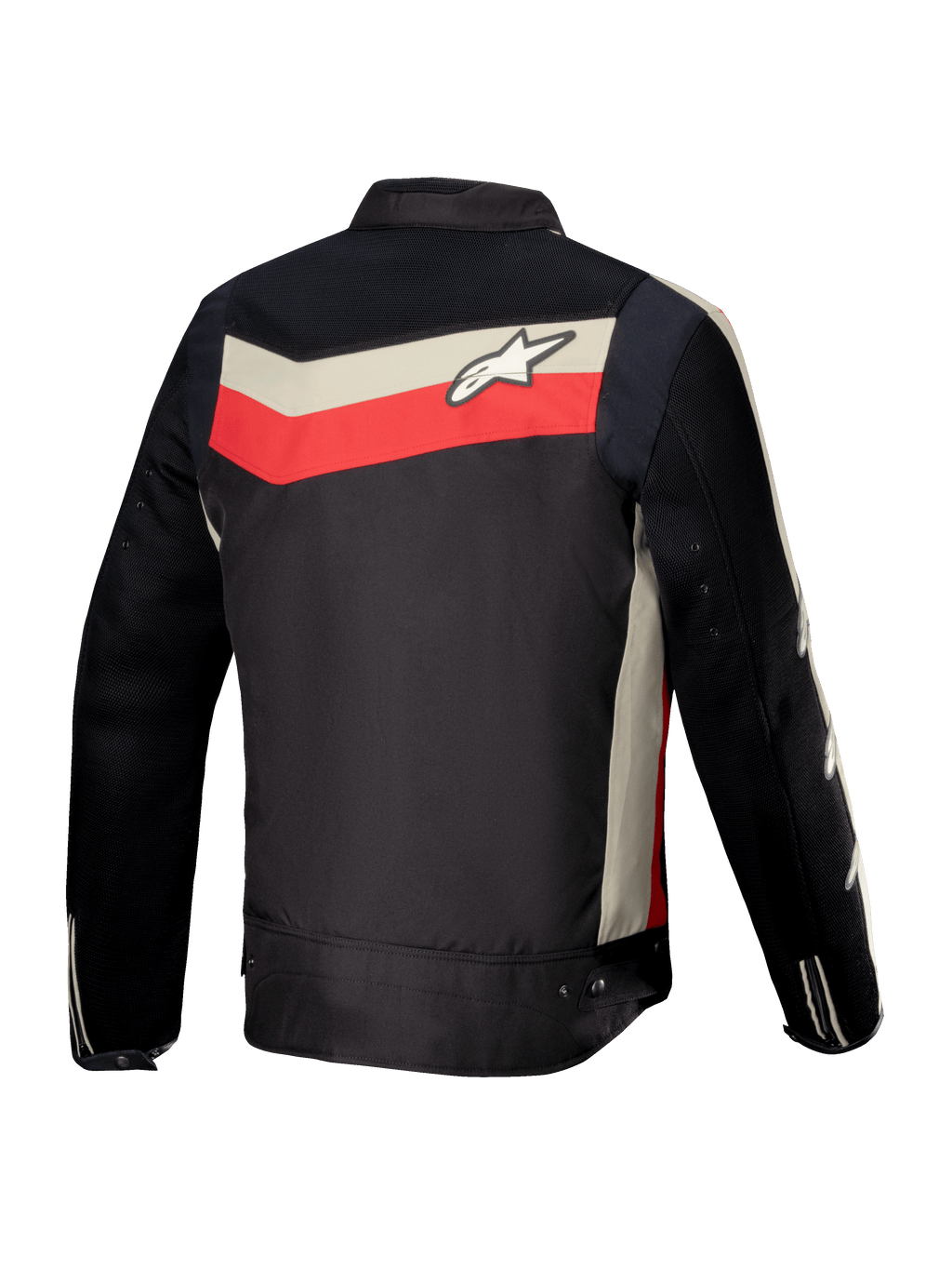Alpinestars Chaqueta T-Dyno Air, chaqueta textil de moto para hombre, vista trasera, negra, rojo brillante y crudo, certificada CE con paneles de flujo de aire de malla 3D y corte de inspiración vintage