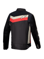Alpinestars Chaqueta T-Dyno Air, chaqueta textil de moto para hombre, vista trasera, negra, rojo brillante y crudo, certificada CE con paneles de flujo de aire de malla 3D y corte de inspiración vintage