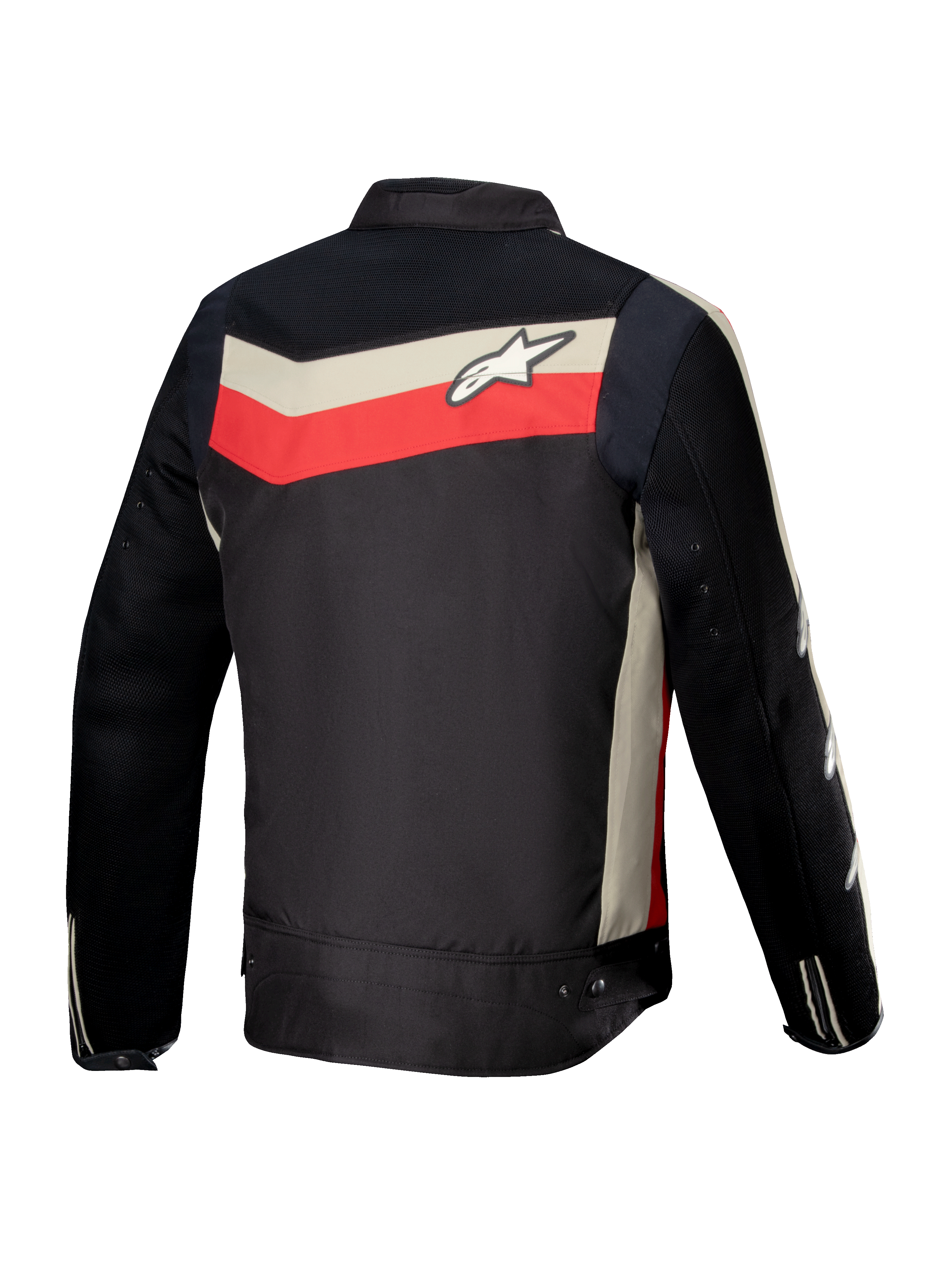 Alpinestars Chaqueta T-Dyno Air, chaqueta textil de moto para hombre, vista trasera, negra, rojo brillante y crudo, certificada CE con paneles de flujo de aire de malla 3D y corte de inspiración vintage