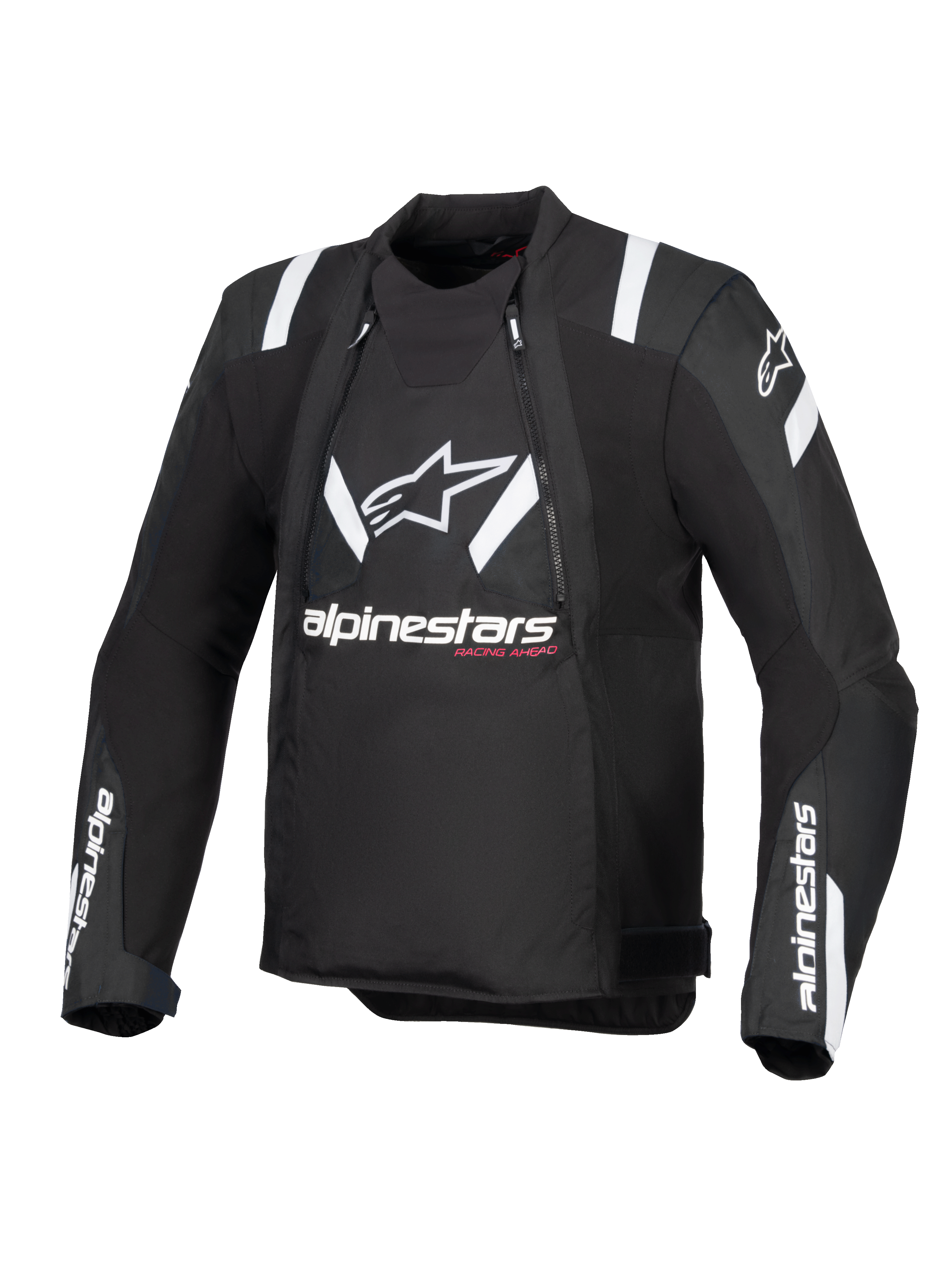 Alpinestars T-Stunt Air Jacket, Black and White, front view of sport-cut motorcycle jacket, featuring large white Alpinestars logo and text on chest, white accents on shoulders, and mesh panels for modular ventilation