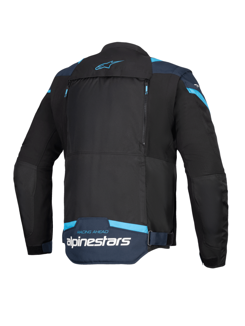 Chaqueta de moto Alpinestars T-Stunt Air, negro, azul oscuro y azul brillante, vista trasera que muestra un gran panel modular con cremalleras, logotipo de Alpinestars y texto 'Racing Ahead' en la parte inferior de la espalda.