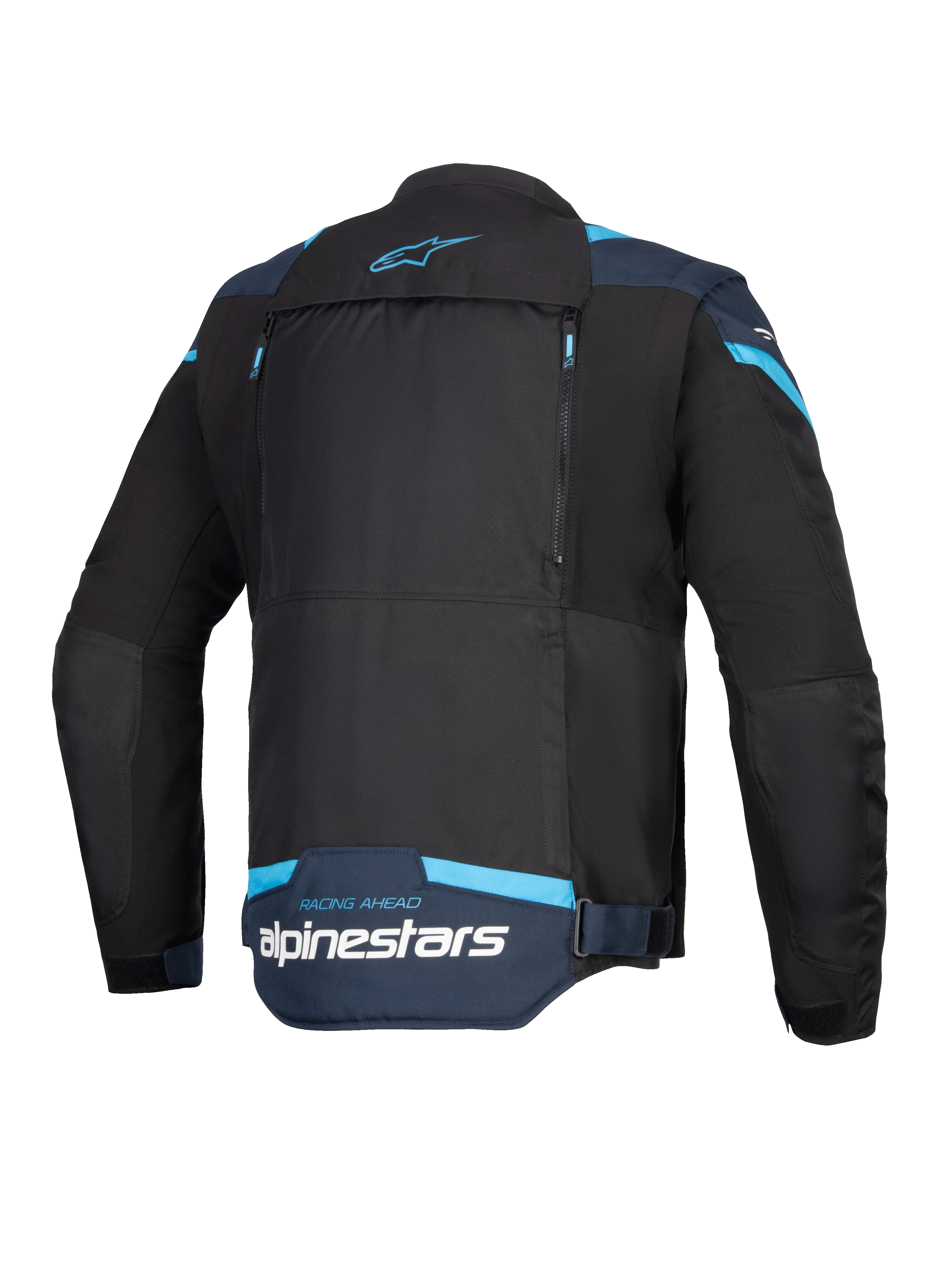 Chaqueta de moto Alpinestars T-Stunt Air, negro, azul oscuro y azul brillante, vista trasera que muestra un gran panel modular con cremalleras, logotipo de Alpinestars y texto 'Racing Ahead' en la parte inferior de la espalda.