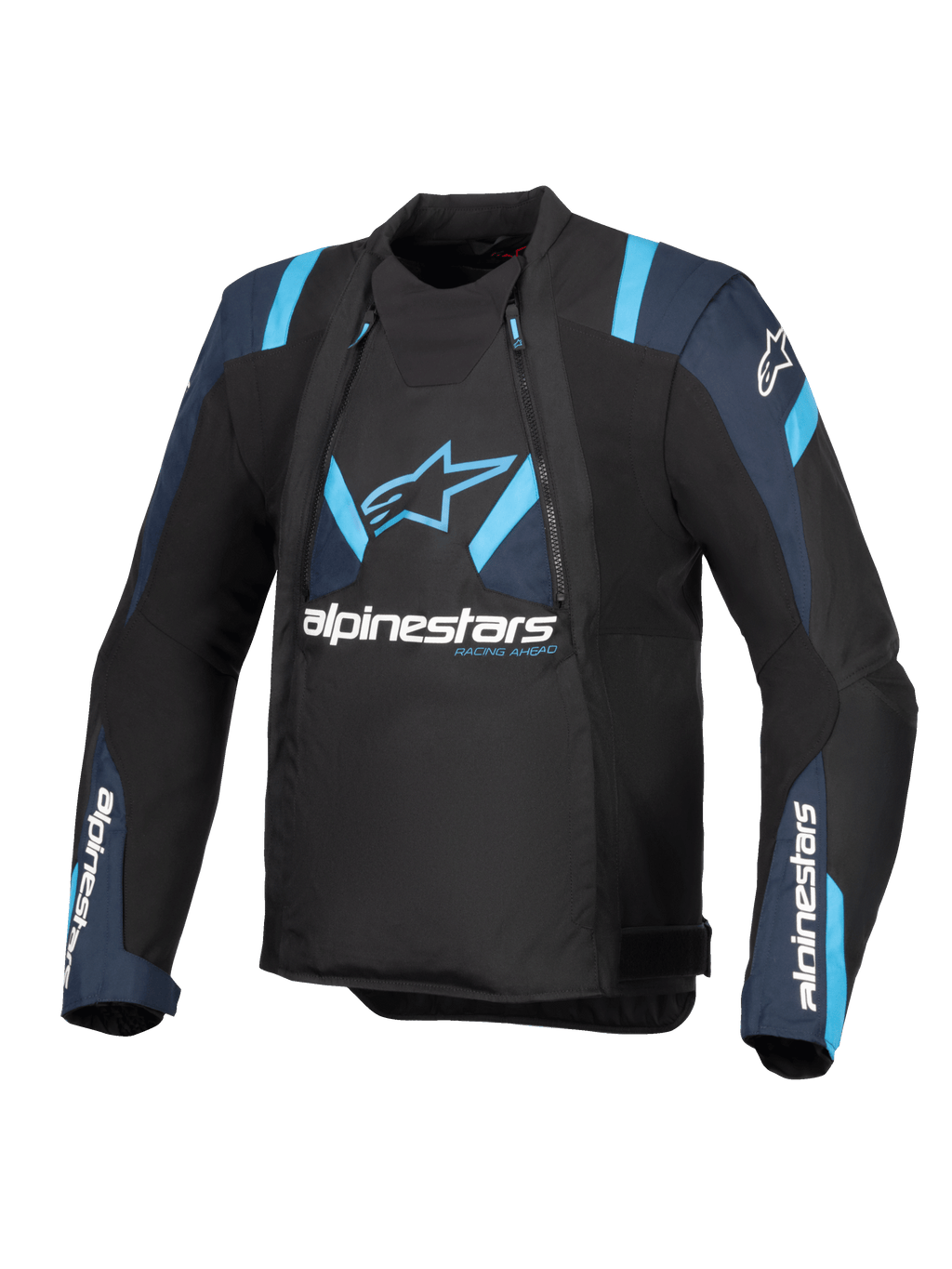 Chaqueta Alpinestars T-Stunt Air, negra con detalles en azul oscuro y azul brillante, chaqueta de moto textil con paneles de malla modulares, logotipo de Alpinestars en el pecho y las mangas, diseño elegante de corte deportivo